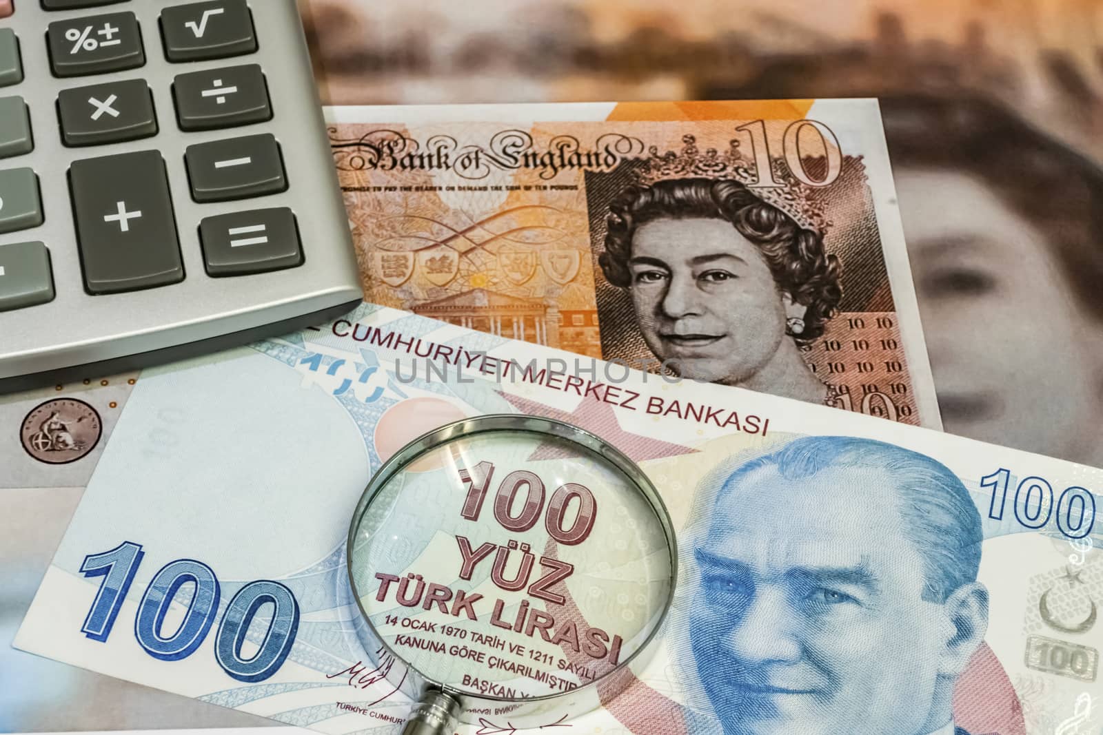 close up turkish lira banknotes on background