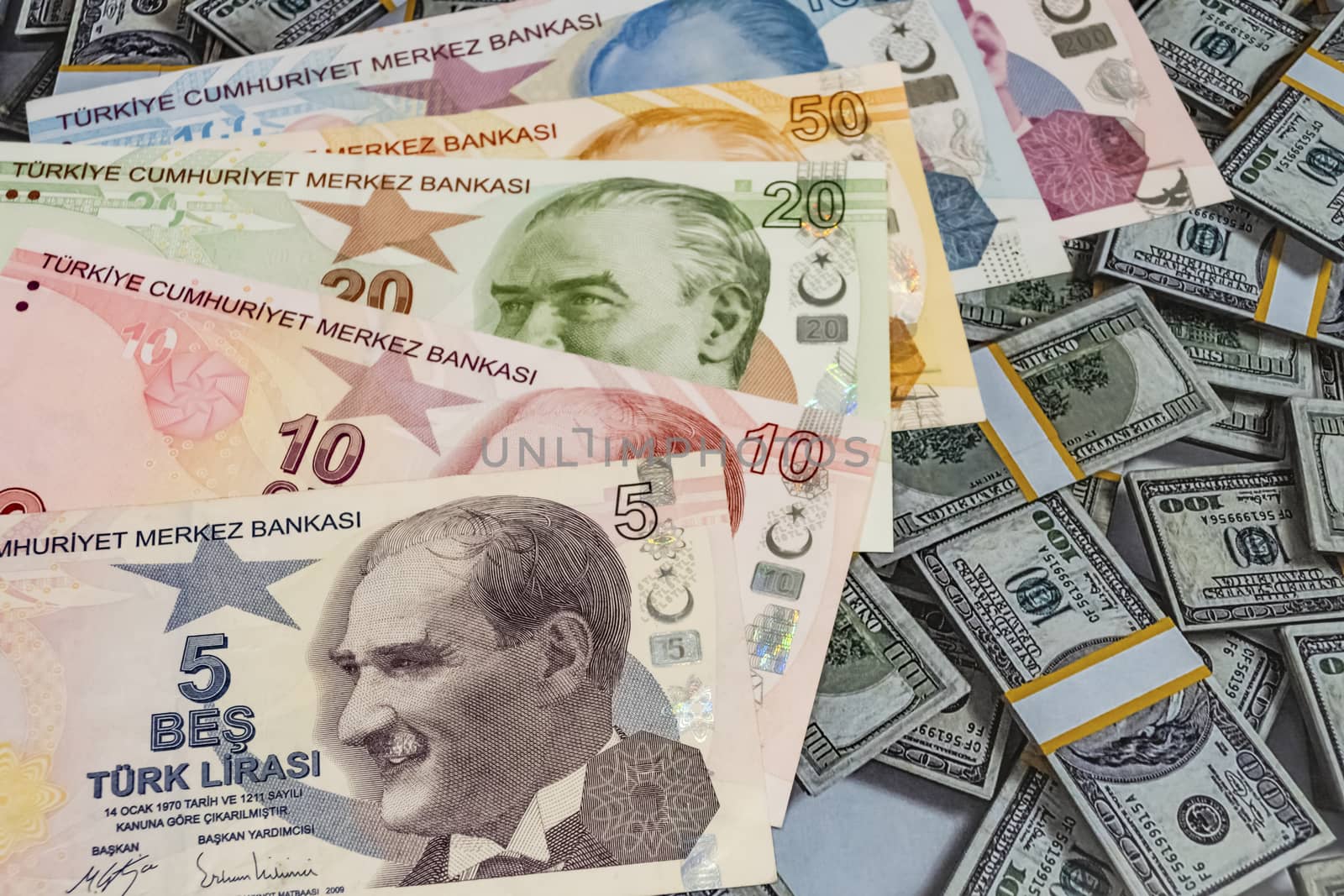 close up turkish lira banknotes on background