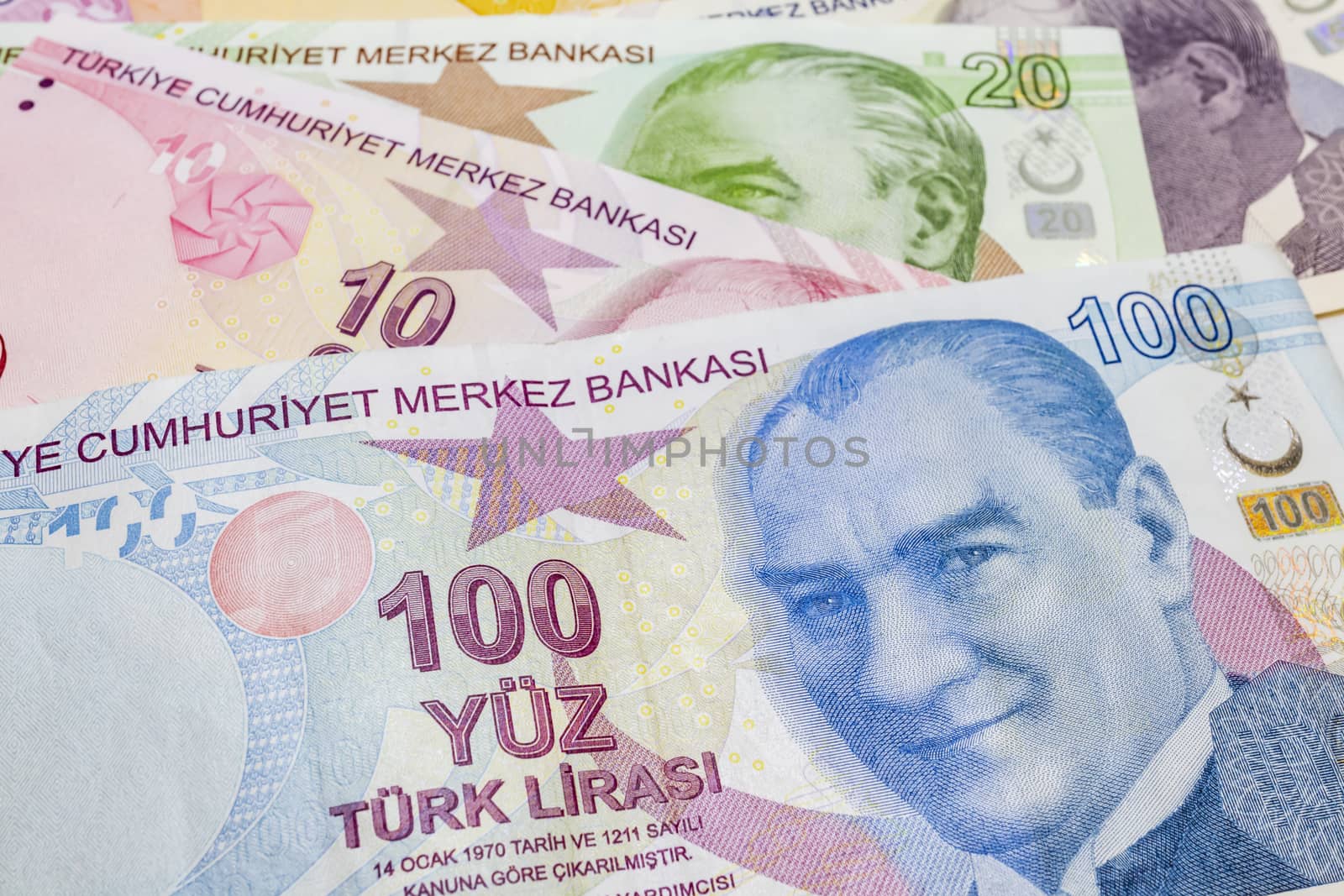close up turkish lira banknotes on background