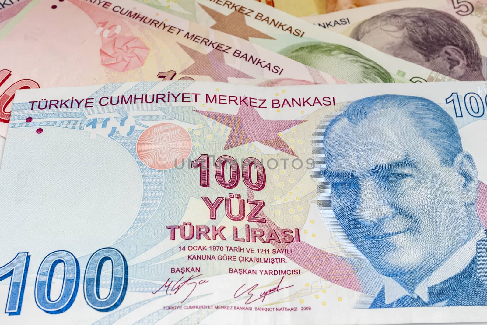 close up turkish lira banknotes on background