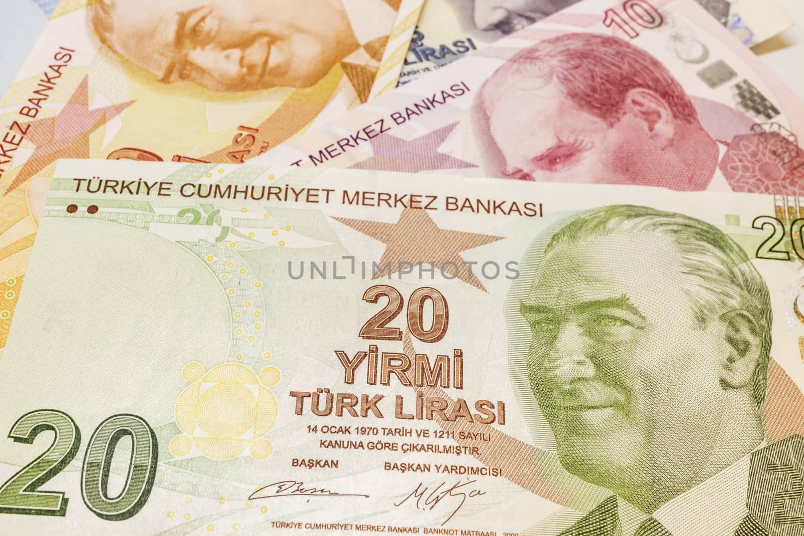 close up turkish lira banknotes on background