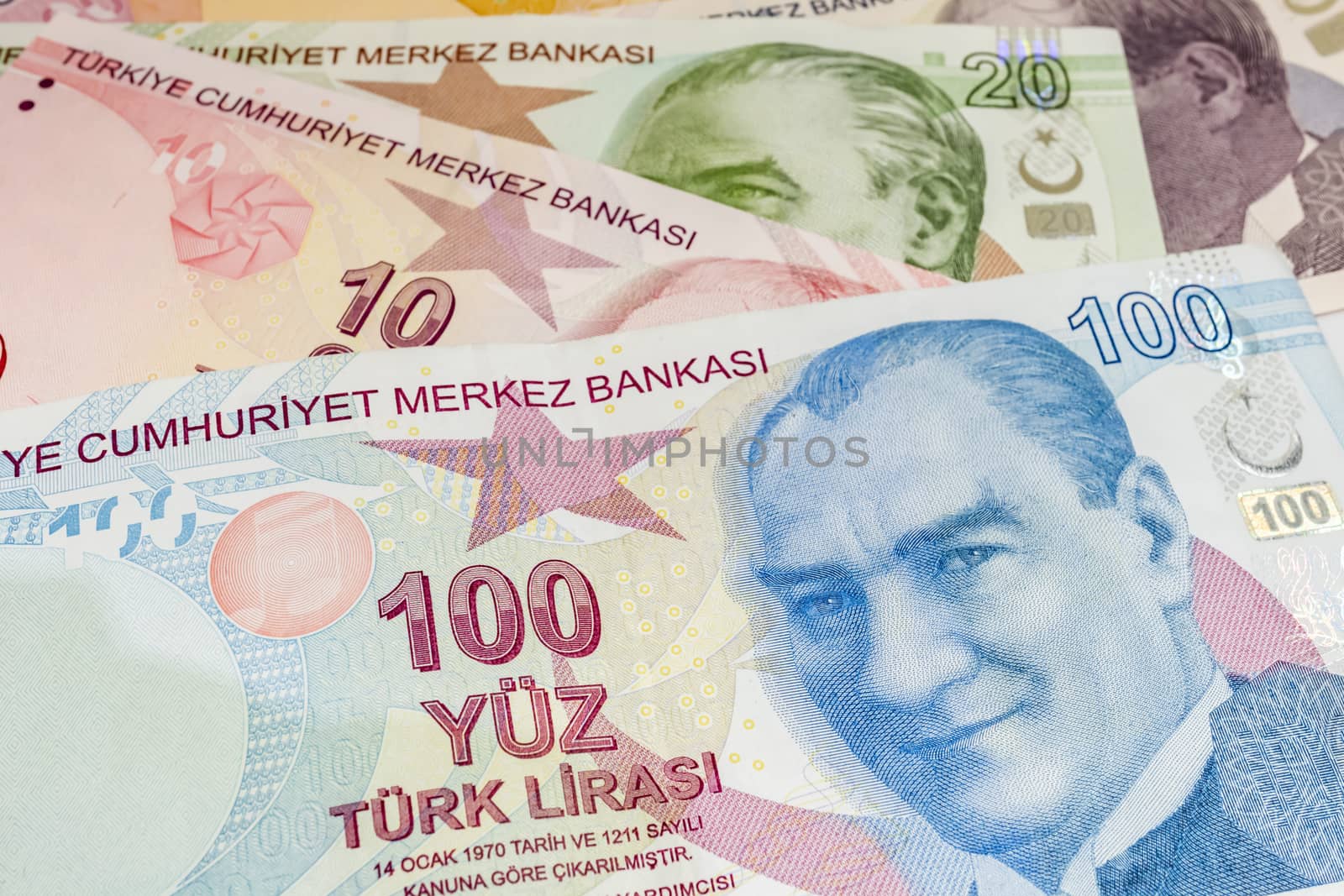 close up turkish lira banknotes on background