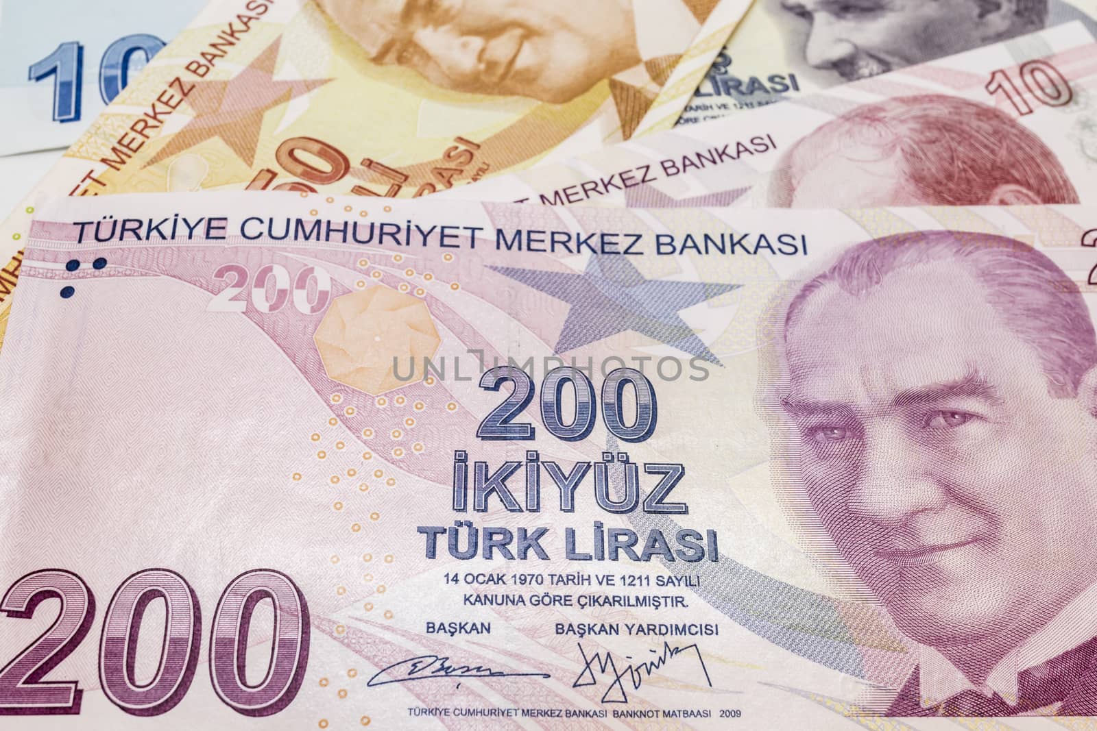 close up turkish lira banknotes on background