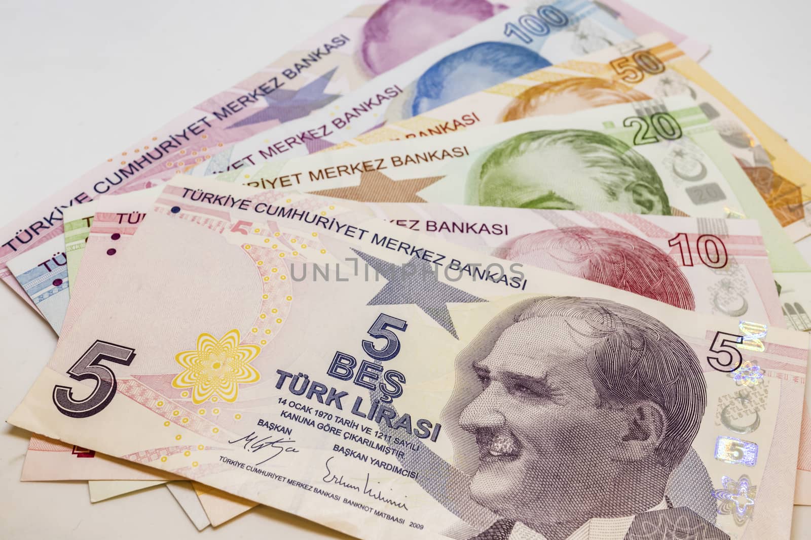 close up turkish lira banknotes on background