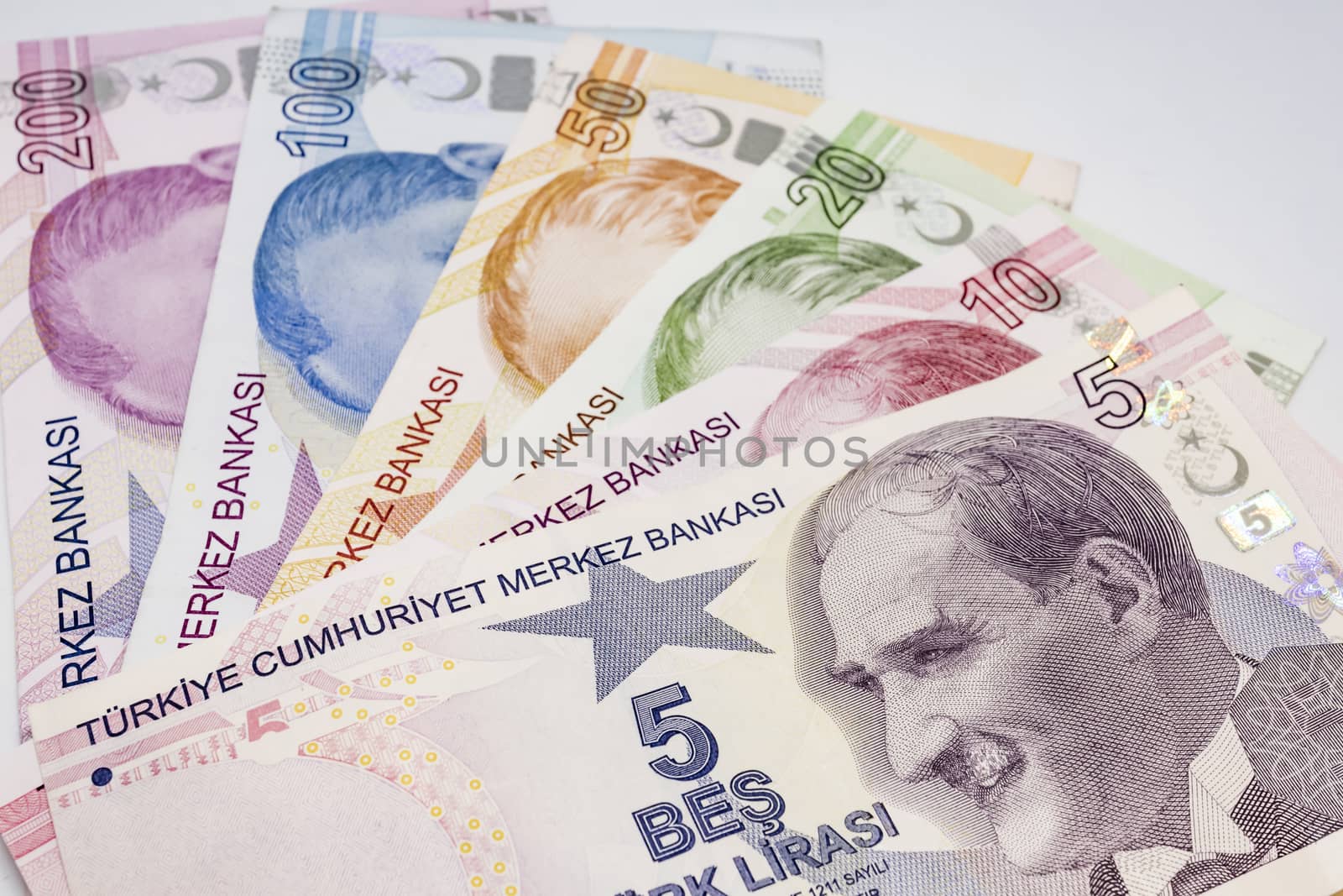 close up turkish lira banknotes on background