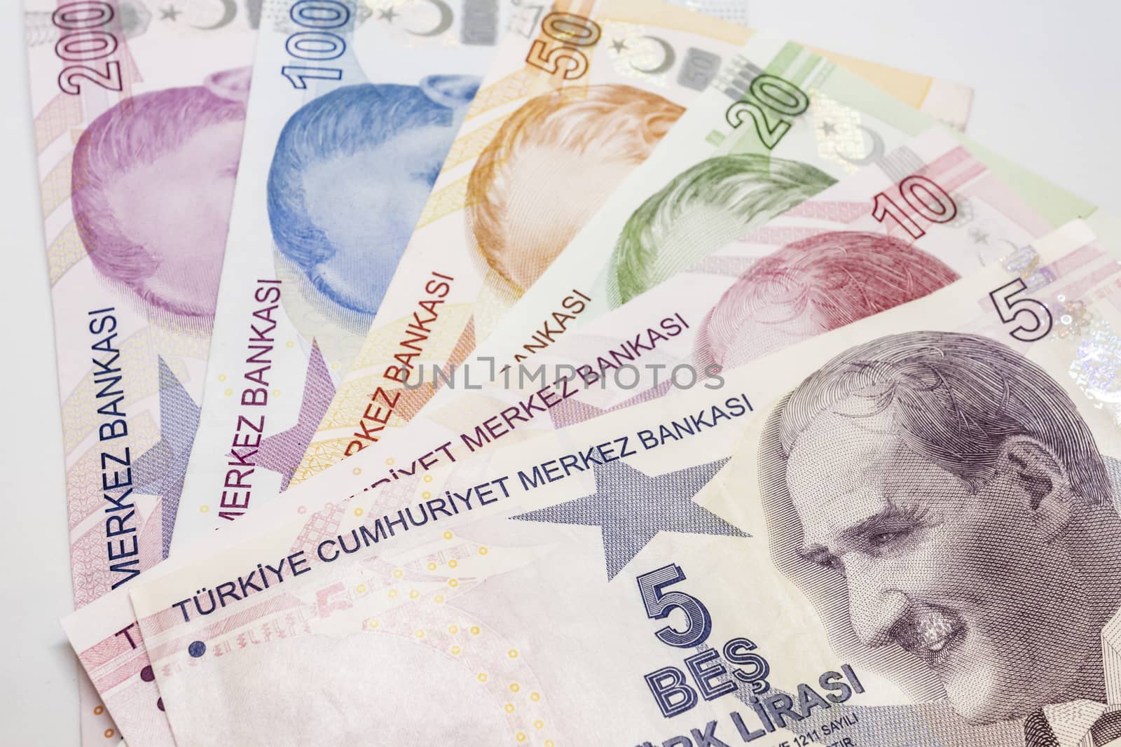 close up turkish lira banknotes on background
