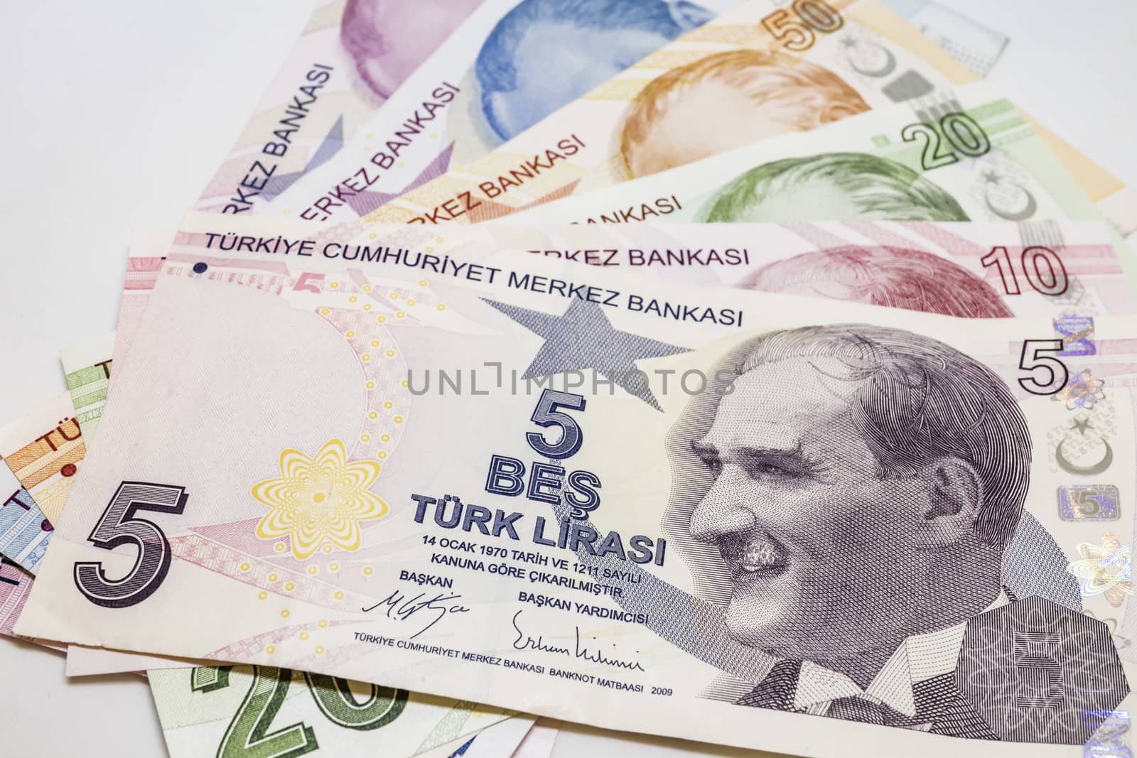 close up turkish lira banknotes on background