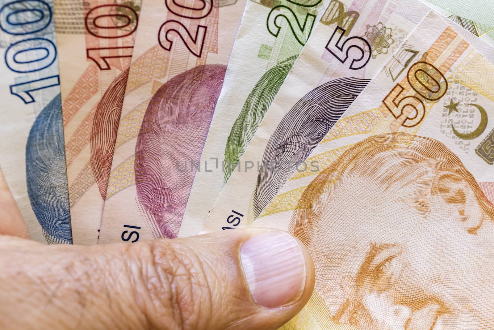 close up turkish lira banknotes on background