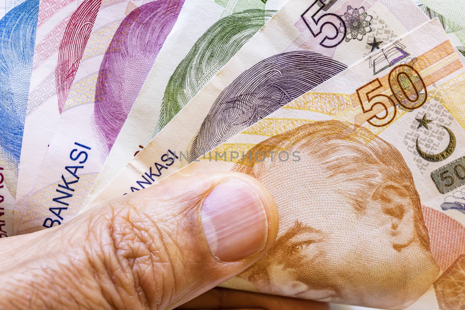 close up turkish lira banknotes on background