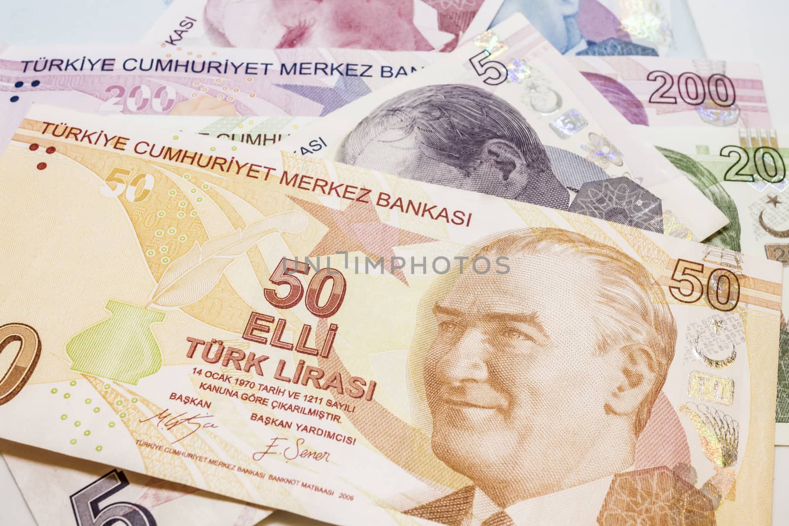 close up turkish lira banknotes on background
