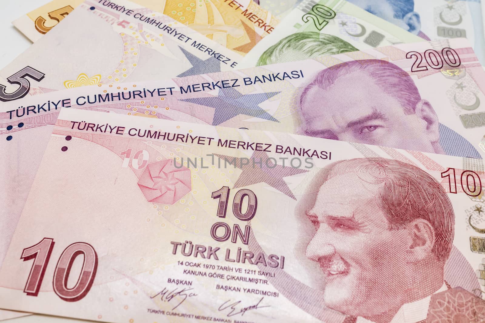 close up turkish lira banknotes on background