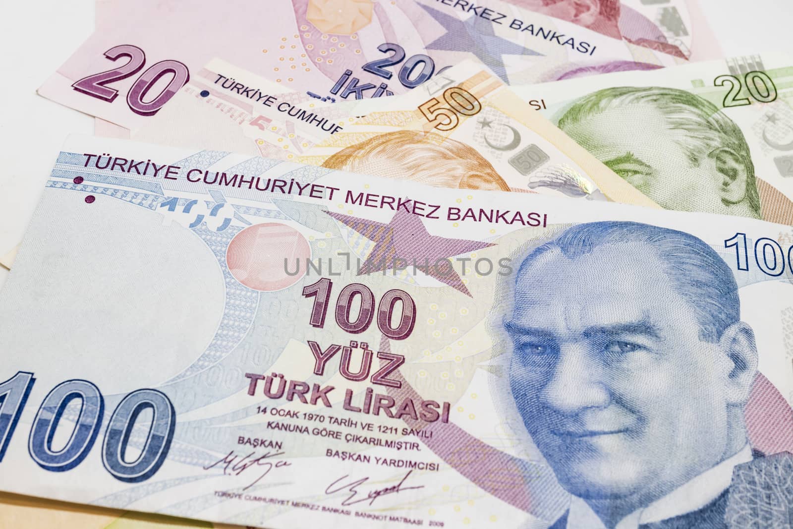 close up turkish lira banknotes on background