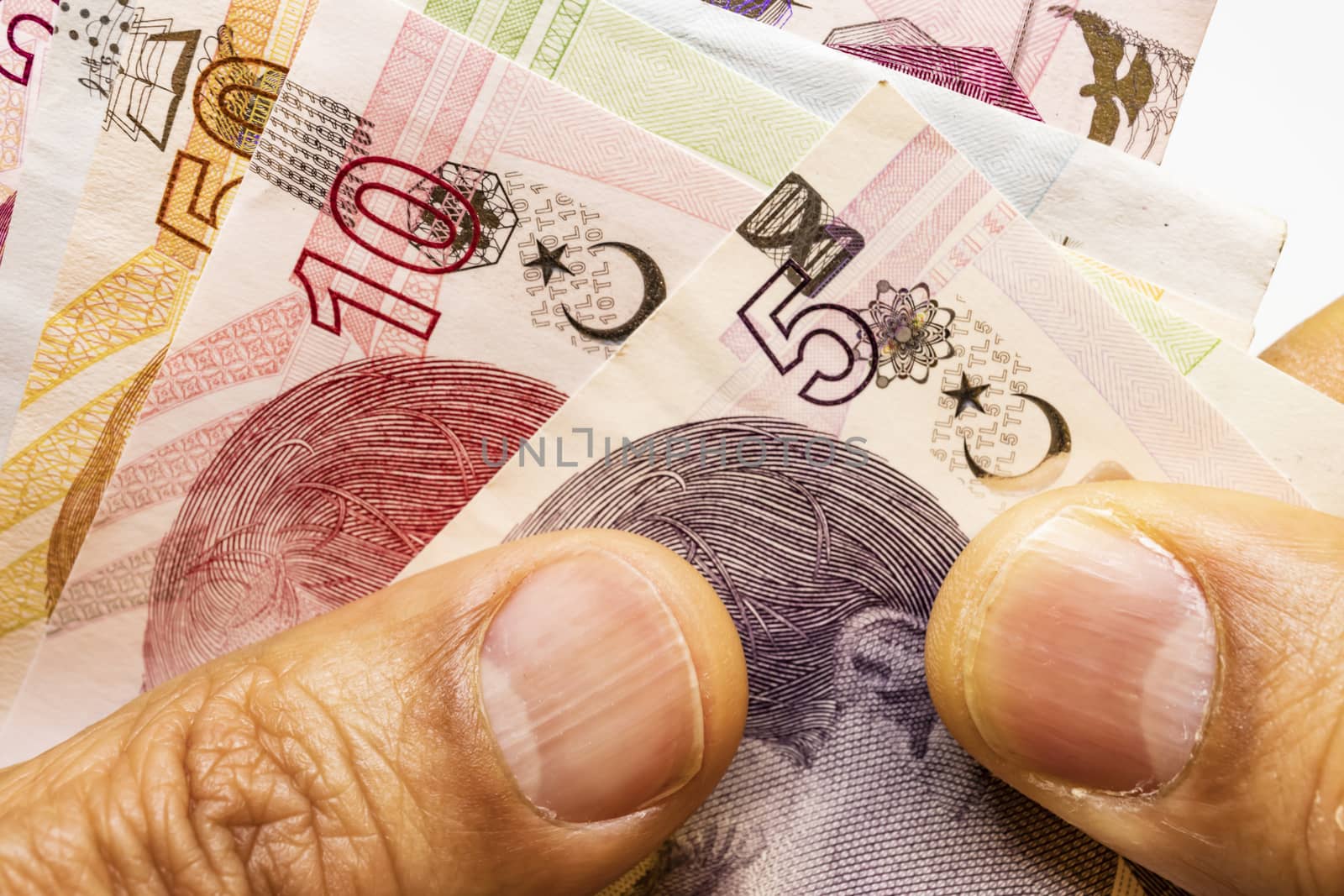 close up turkish lira banknotes on background