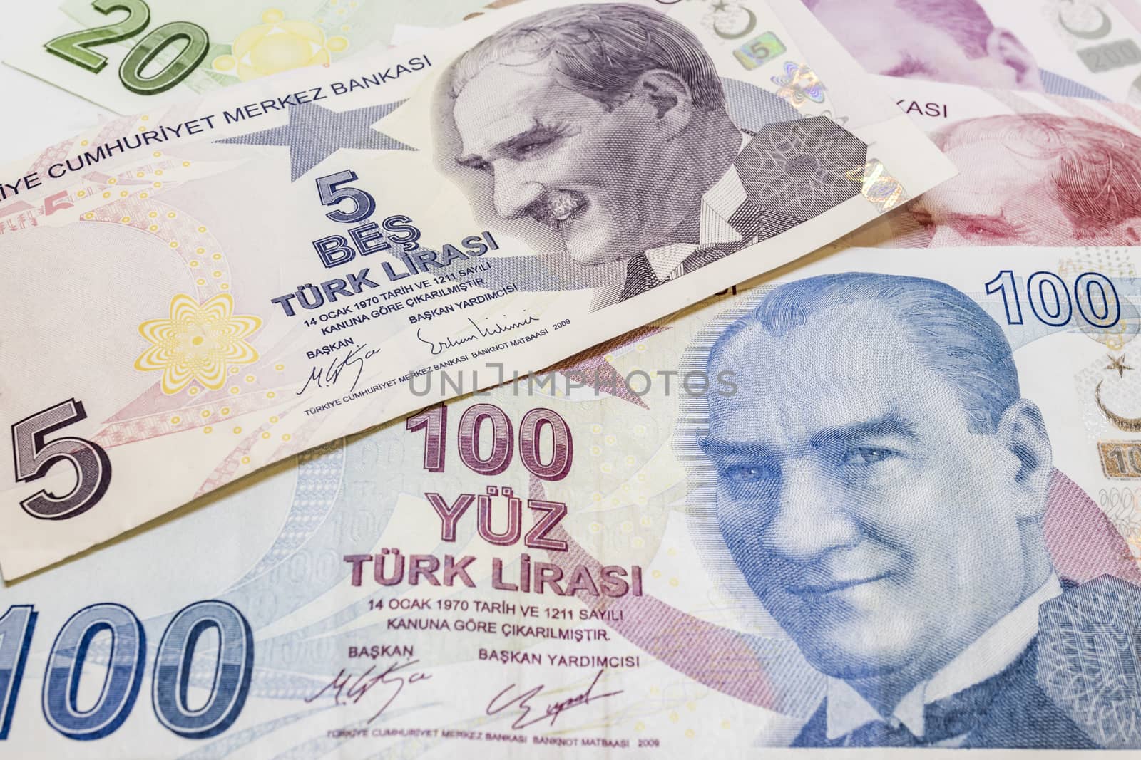 close up turkish lira banknotes on background