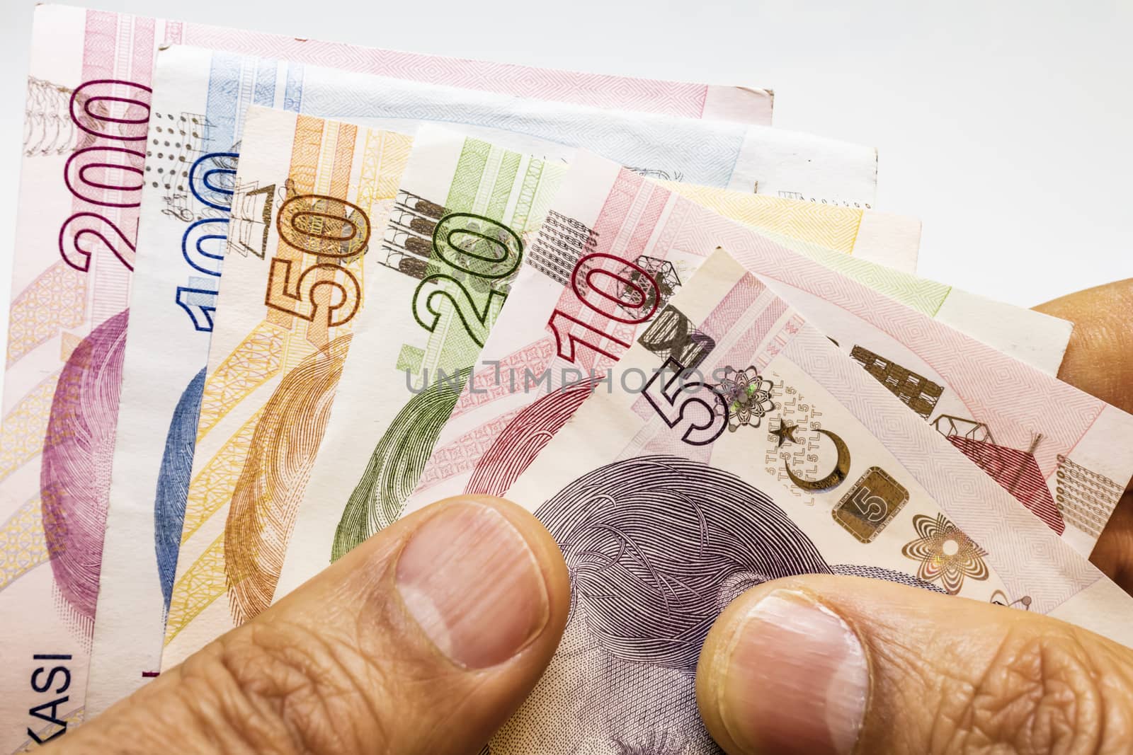 close up turkish lira banknotes on background