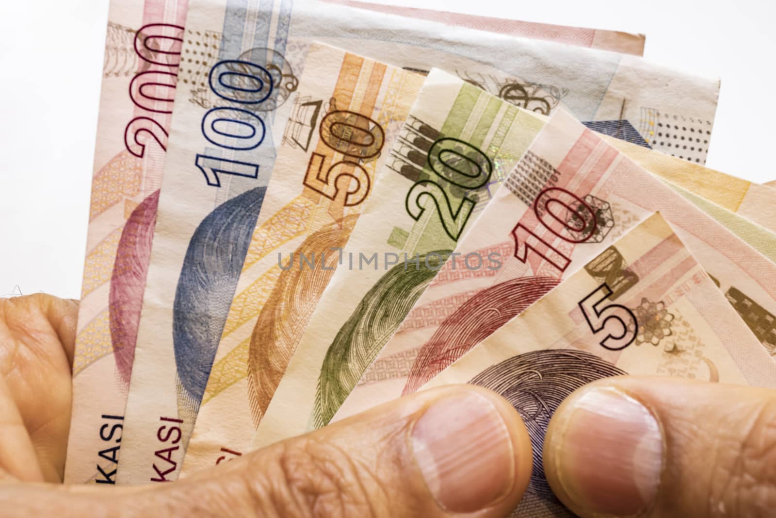close up turkish lira banknotes on background