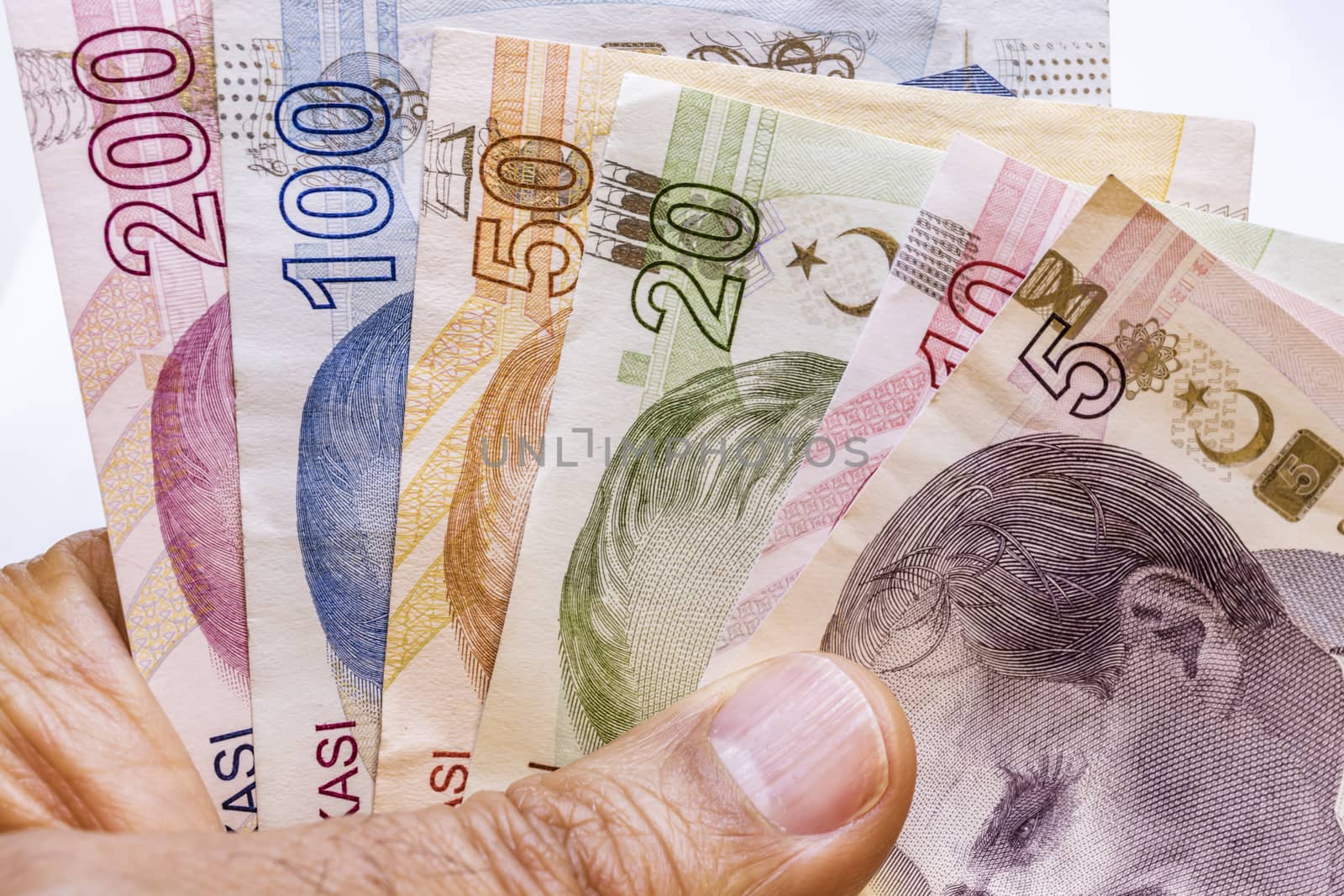 close up turkish lira banknotes on background
