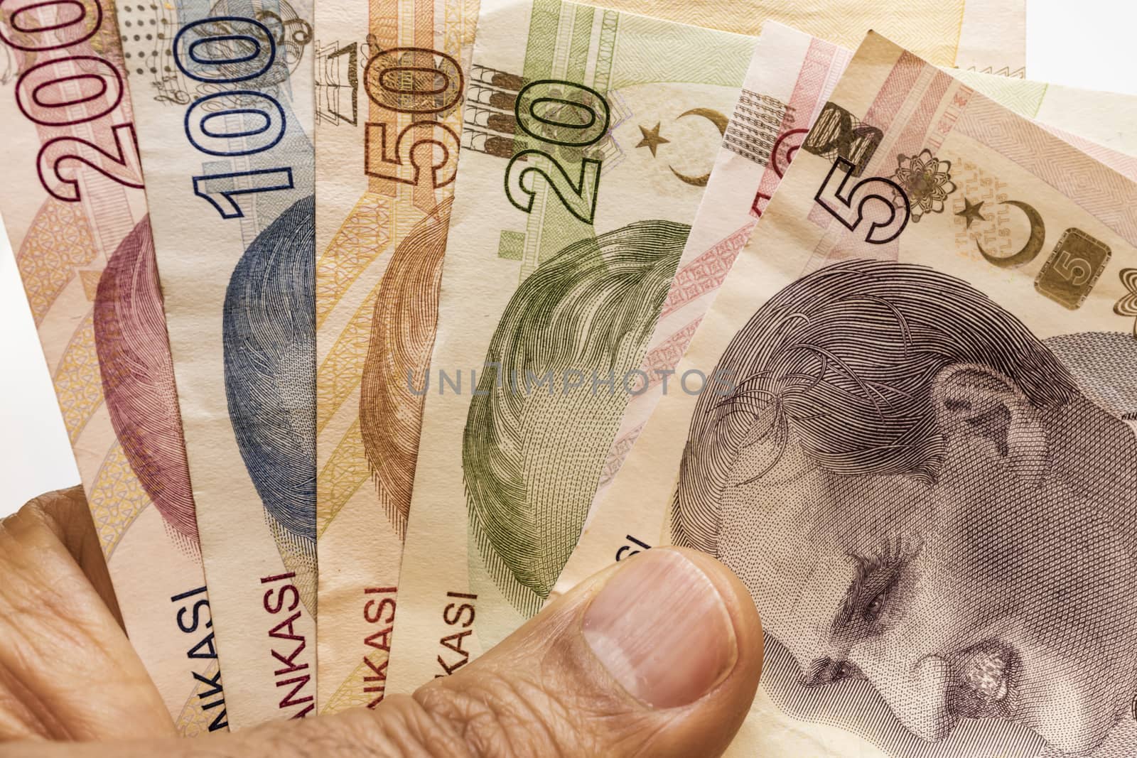 close up turkish lira banknotes on background