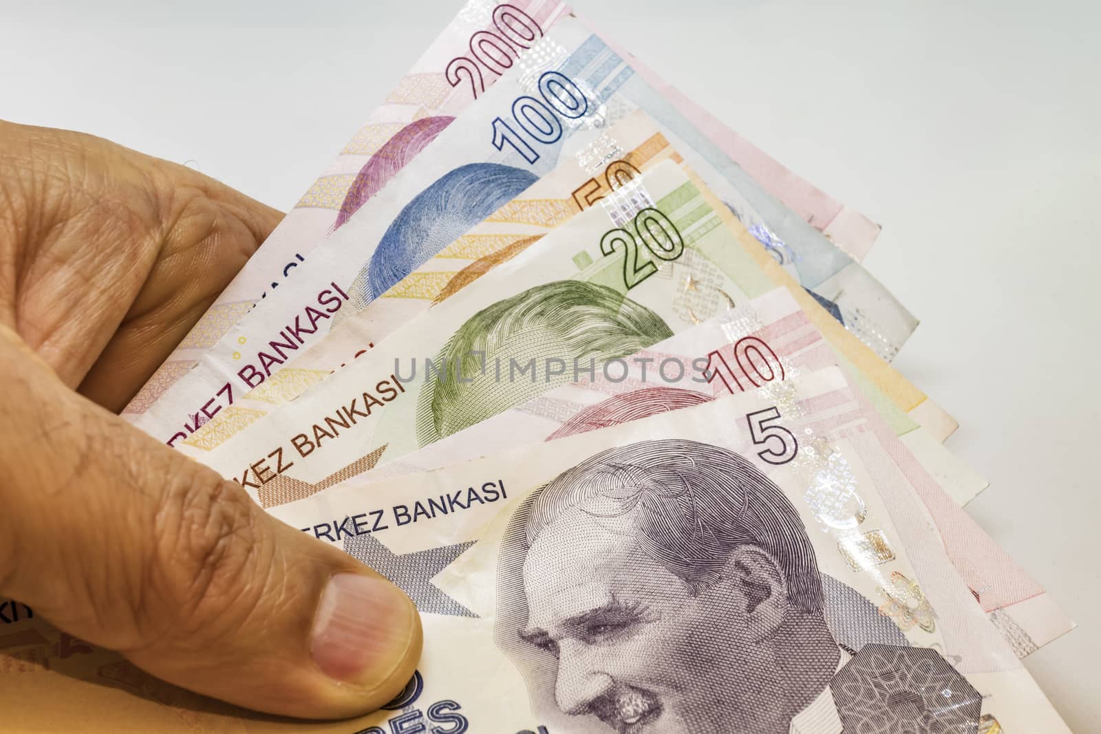 close up turkish lira banknotes on background