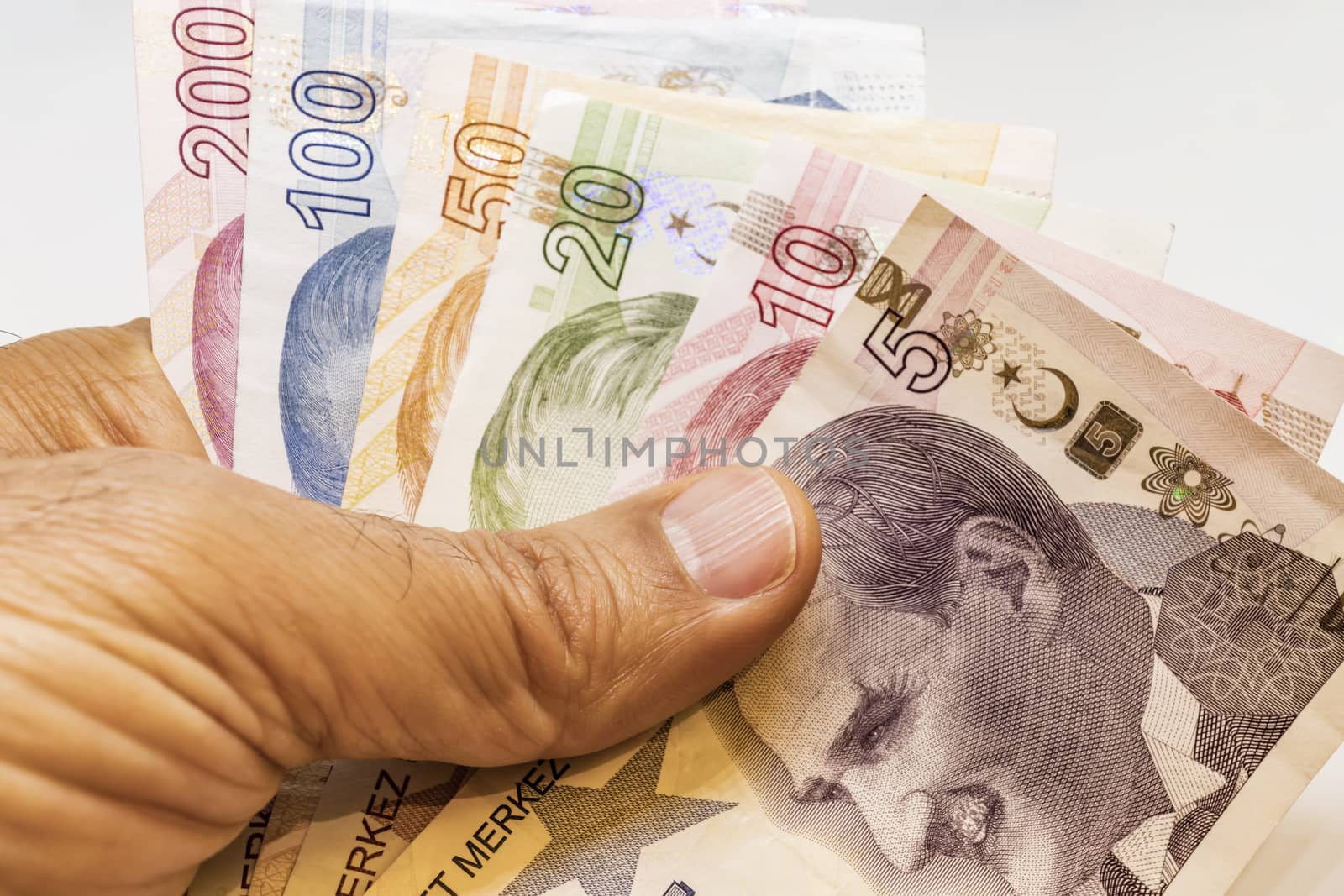 close up turkish lira banknotes on background