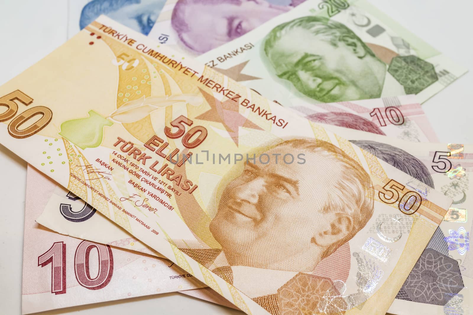 close up turkish lira banknotes on background