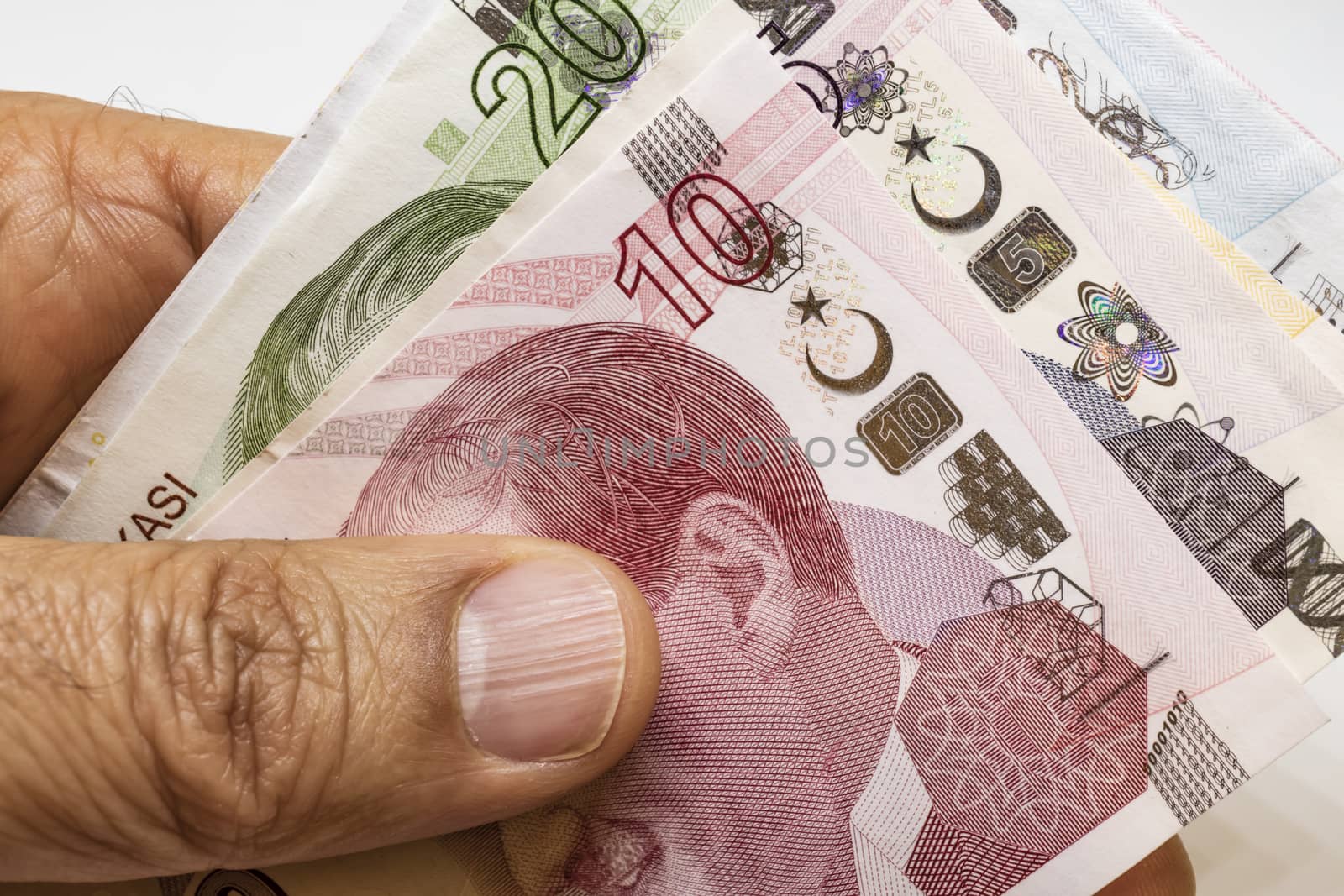 close up turkish lira banknotes on background