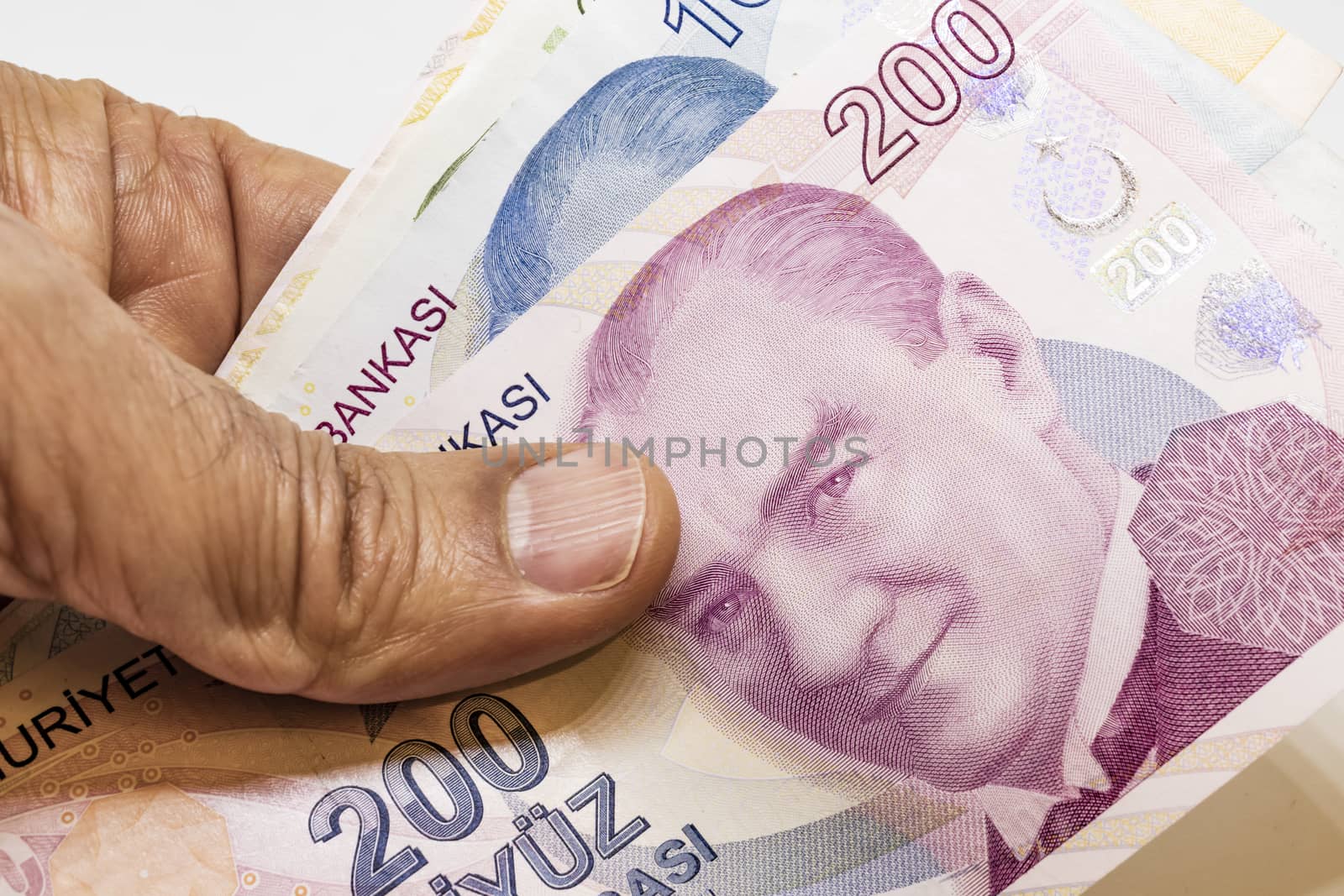 close up turkish lira banknotes on background