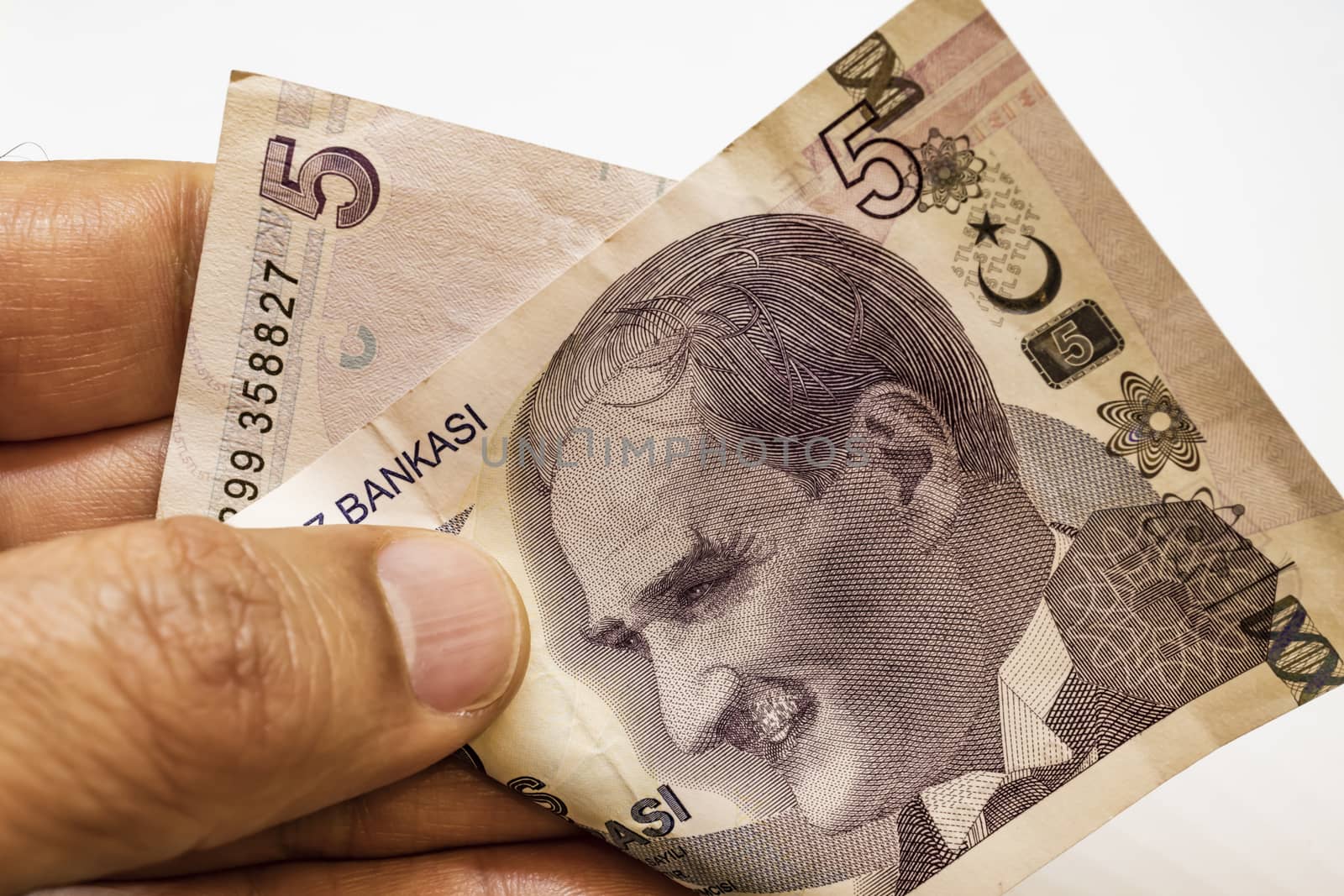 close up turkish lira banknotes on background