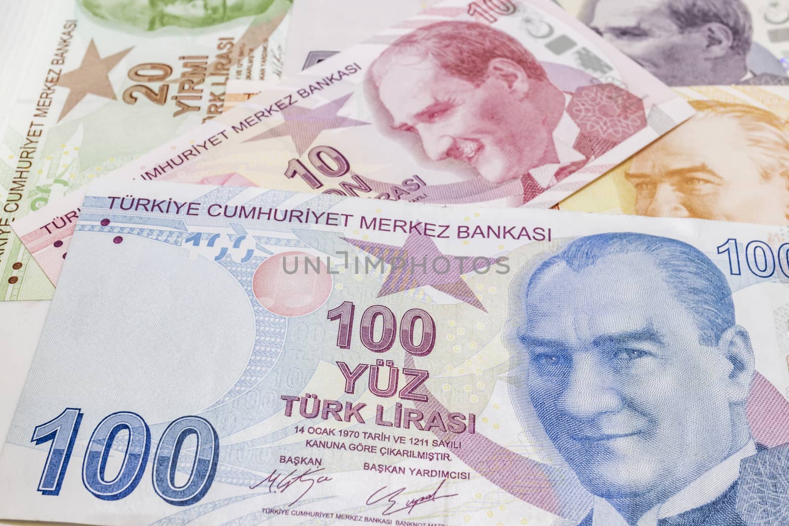 close up turkish lira banknotes on background