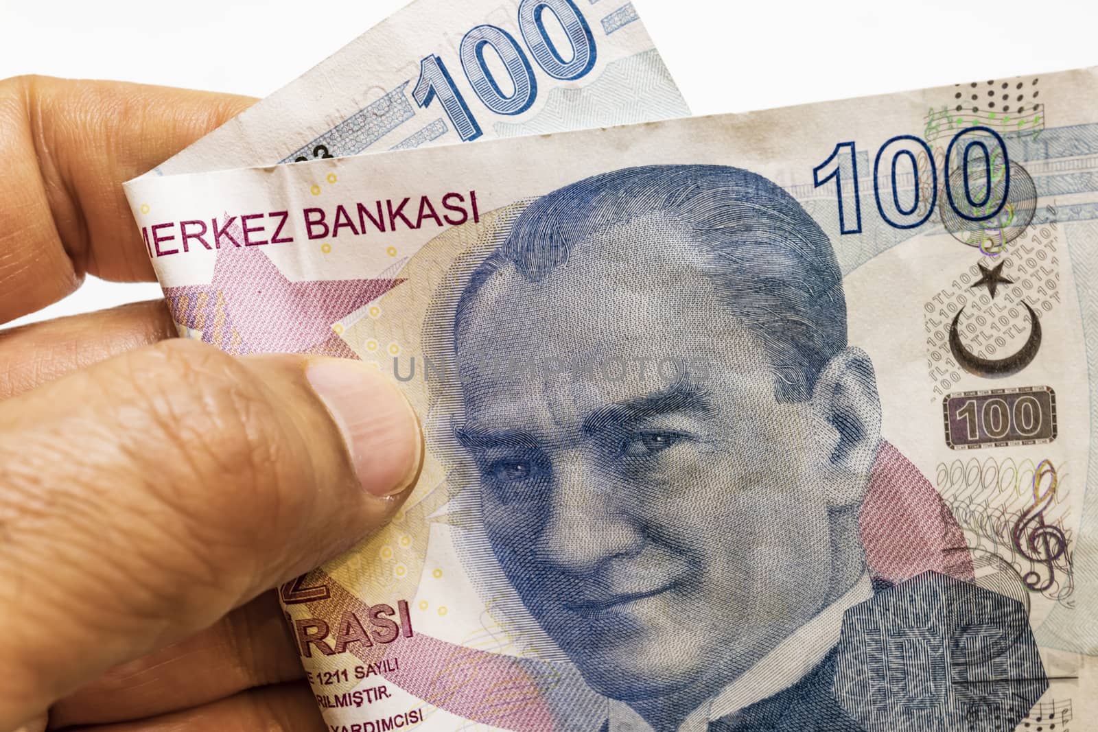 close up turkish lira banknotes on background