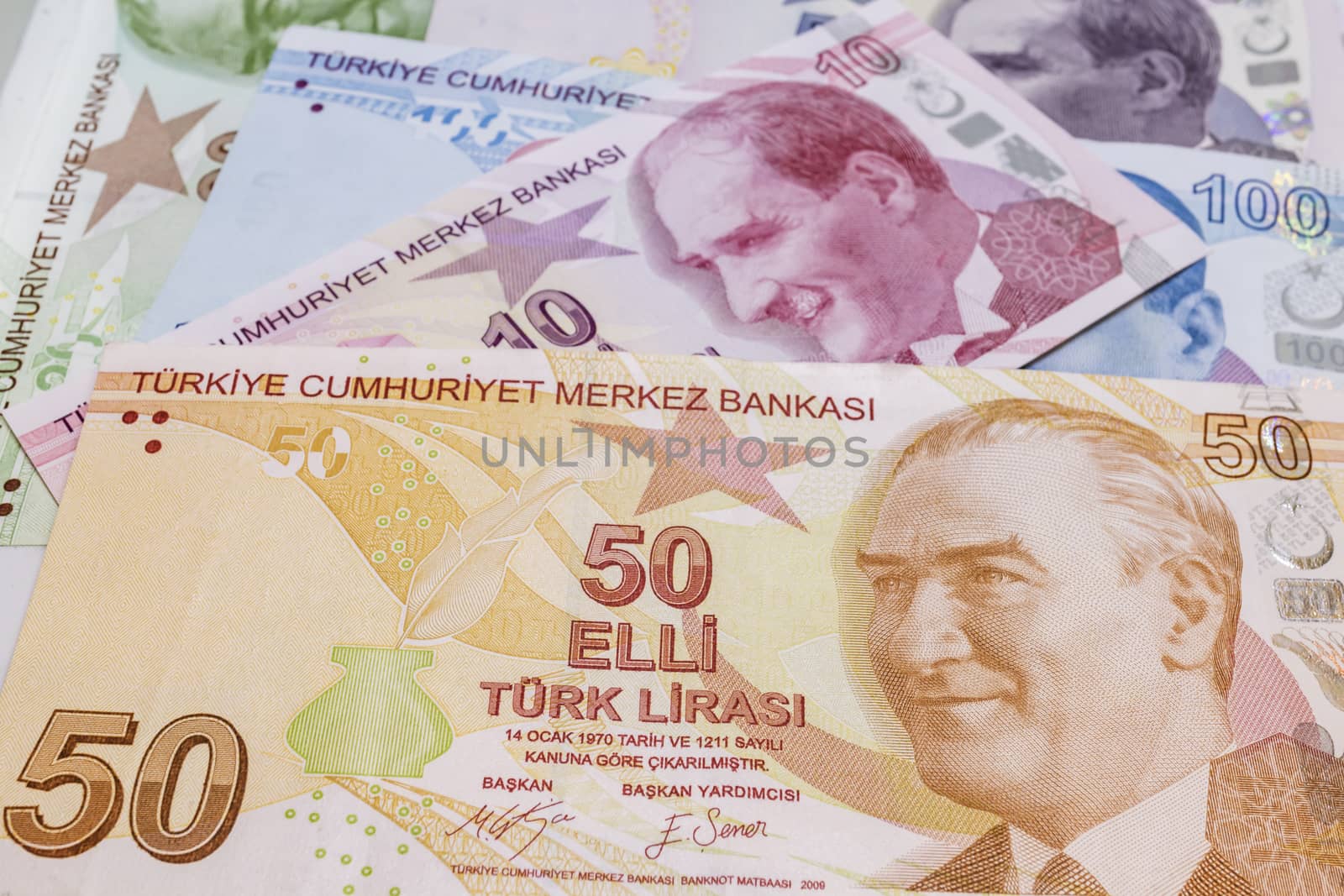 close up turkish lira banknotes on background