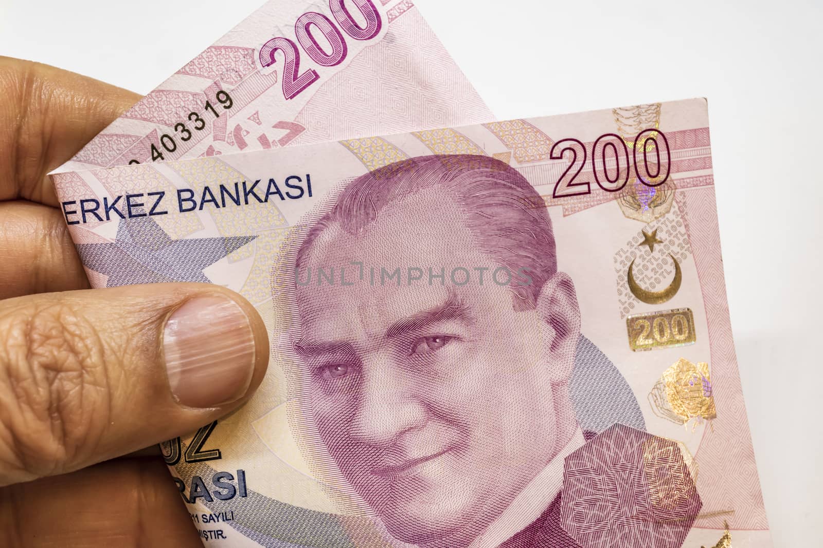 close up turkish lira banknotes on background