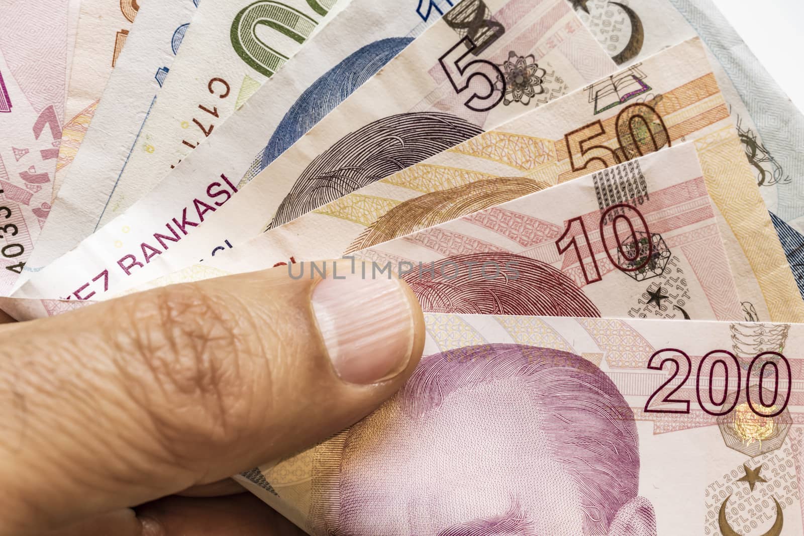 close up turkish lira banknotes on background