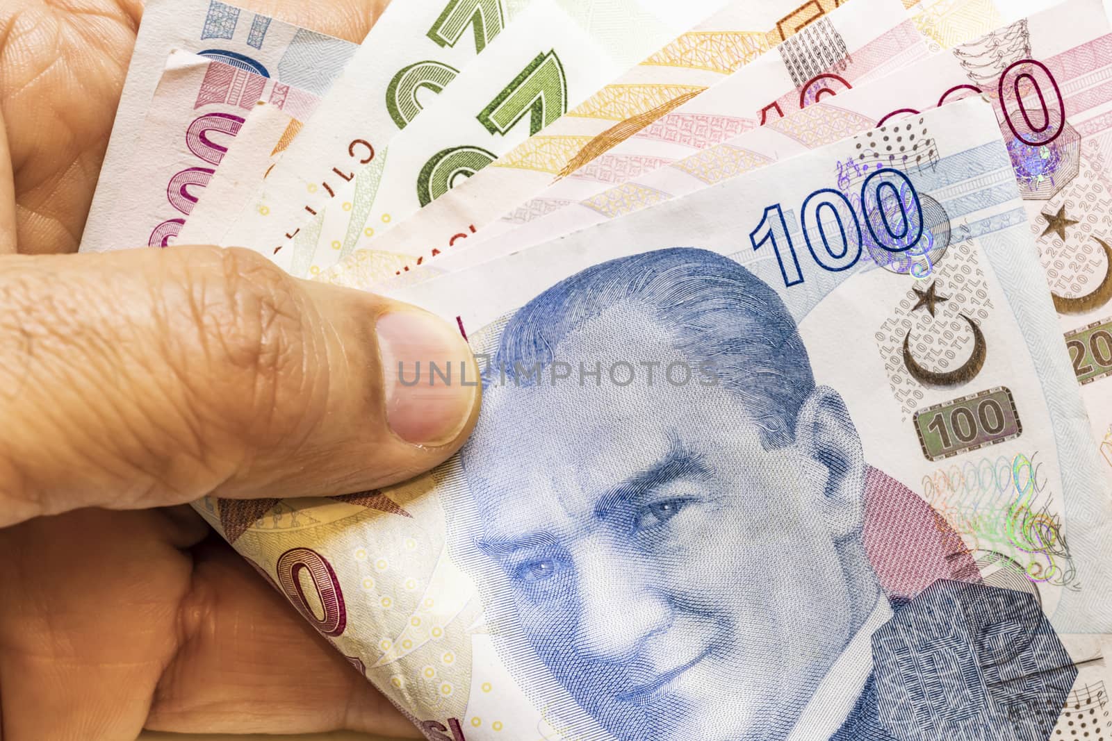 close up turkish lira banknotes on background