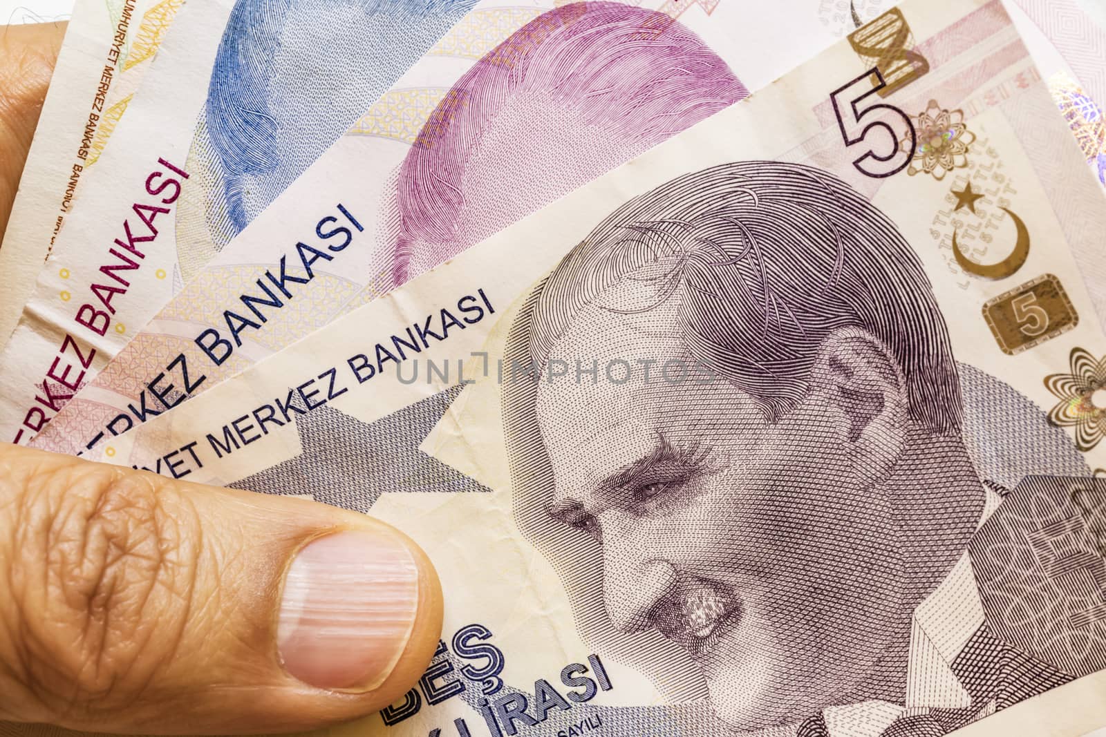 close up turkish lira banknotes on background