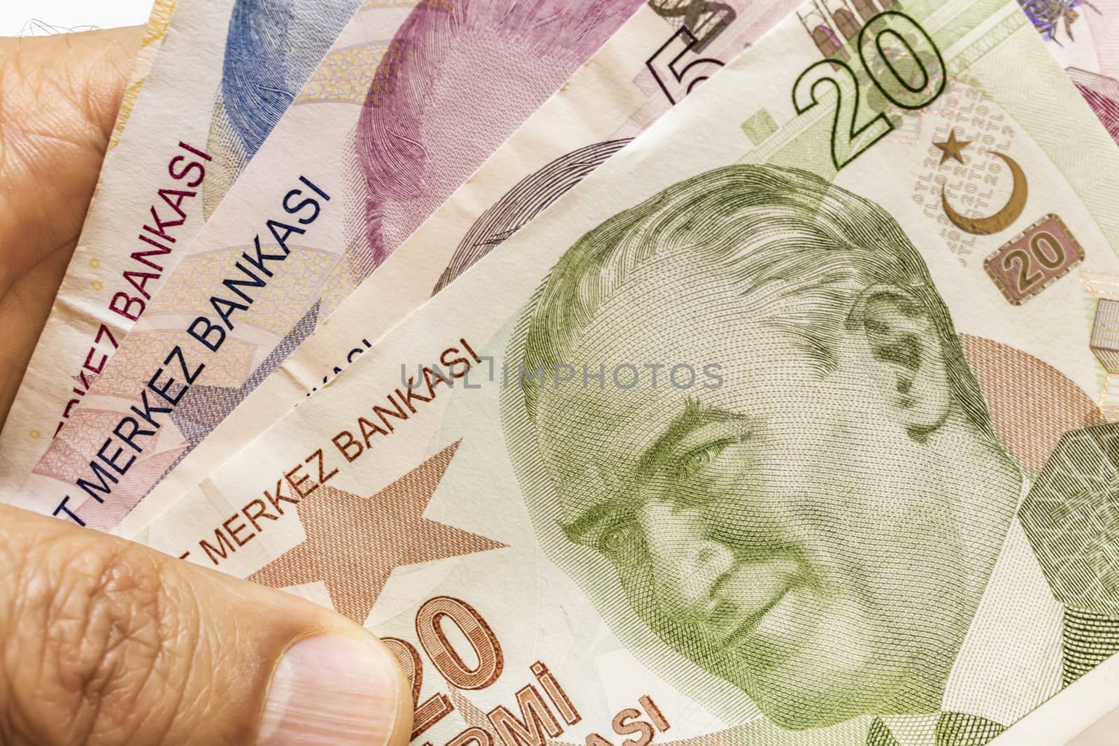 close up turkish lira banknotes on background