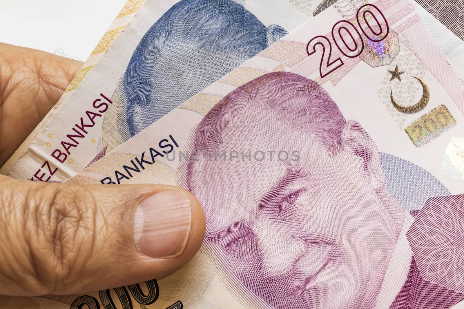 close up turkish lira banknotes on background
