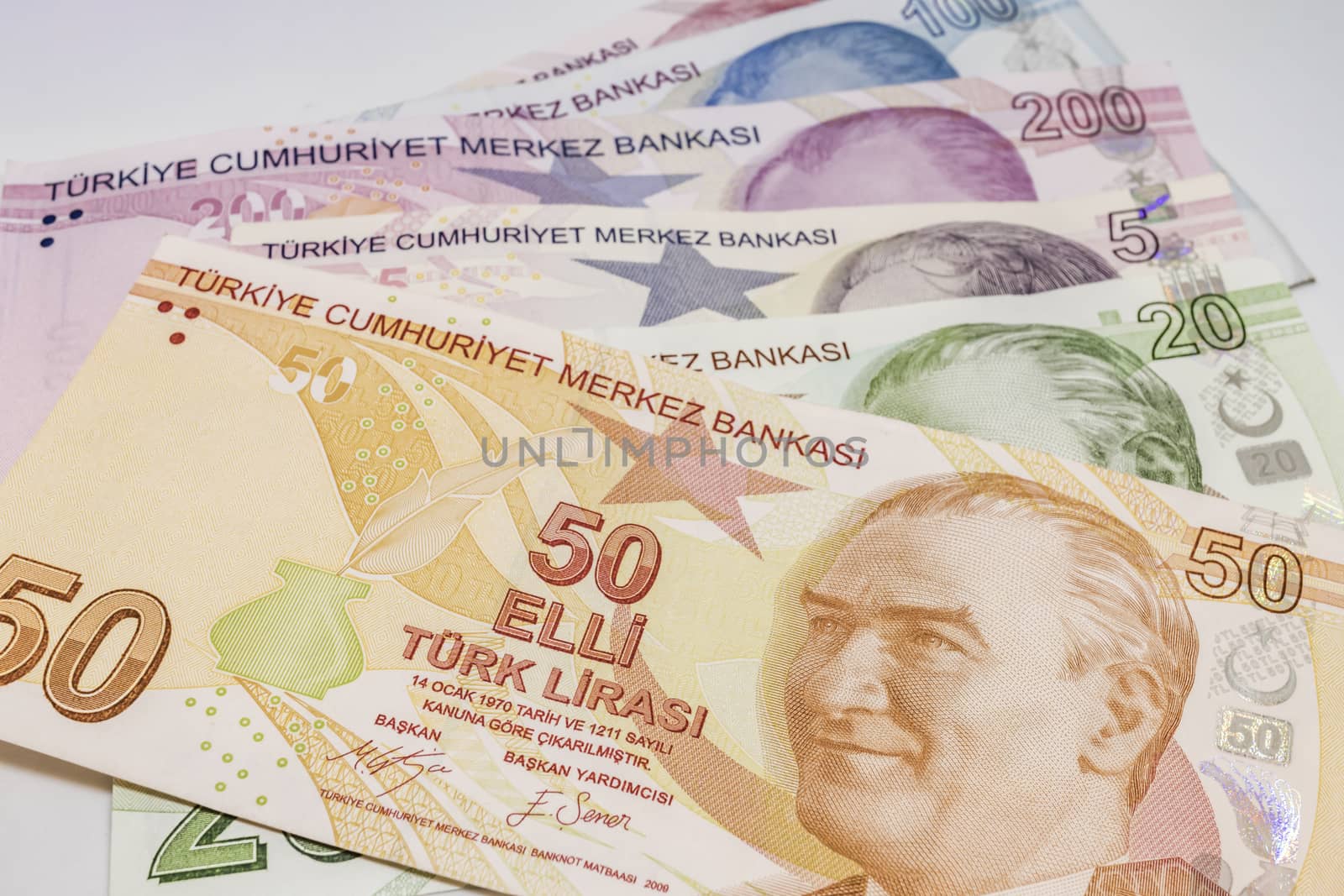 close up turkish lira banknotes on background