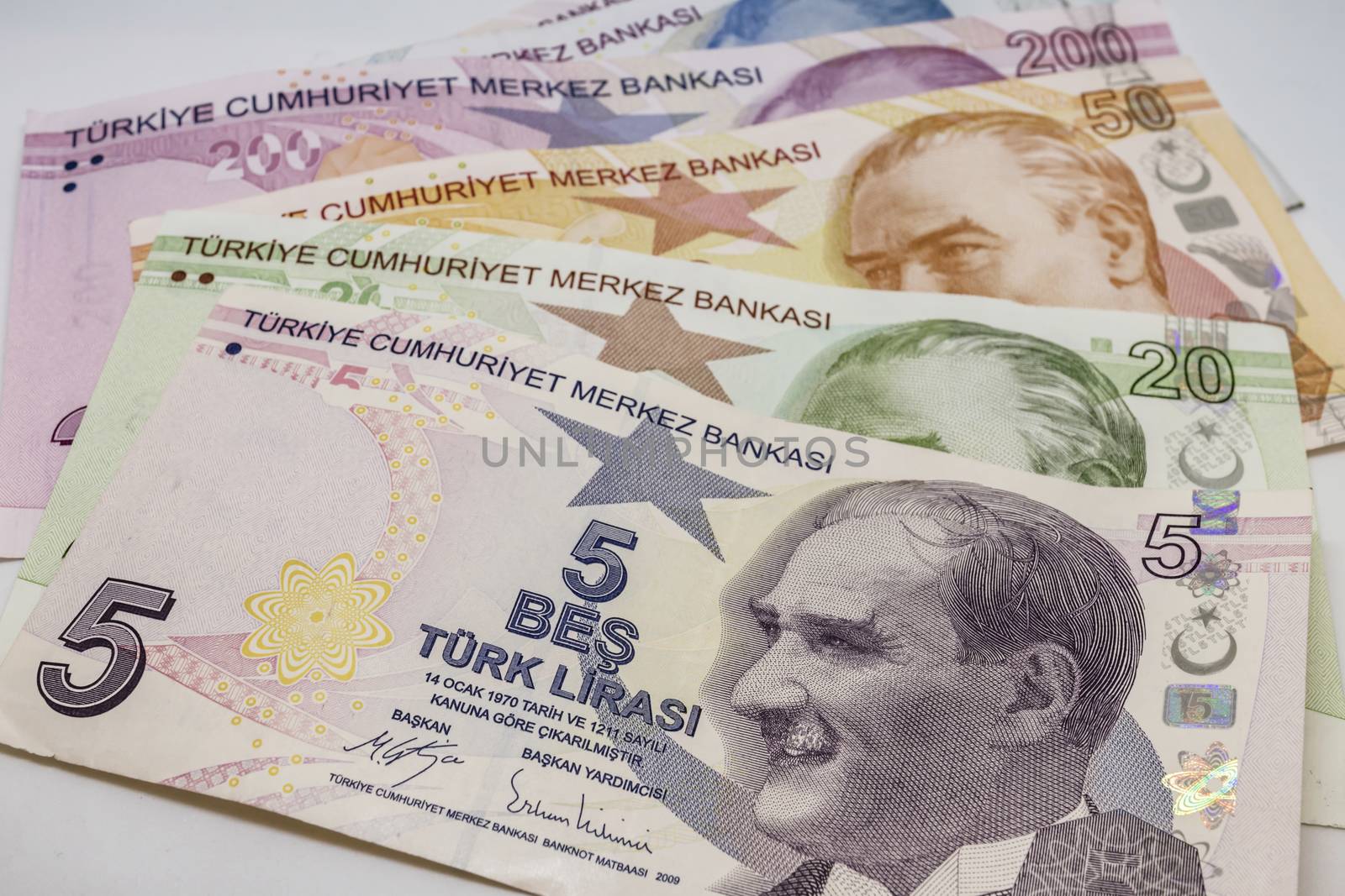 close up turkish lira banknotes on background