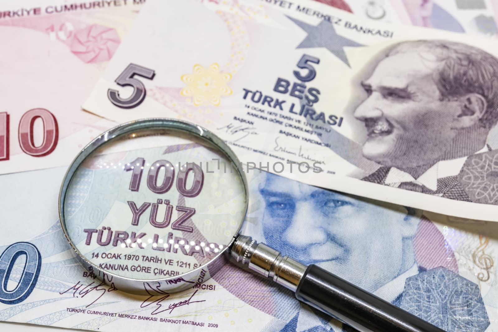 close up turkish lira banknotes on background