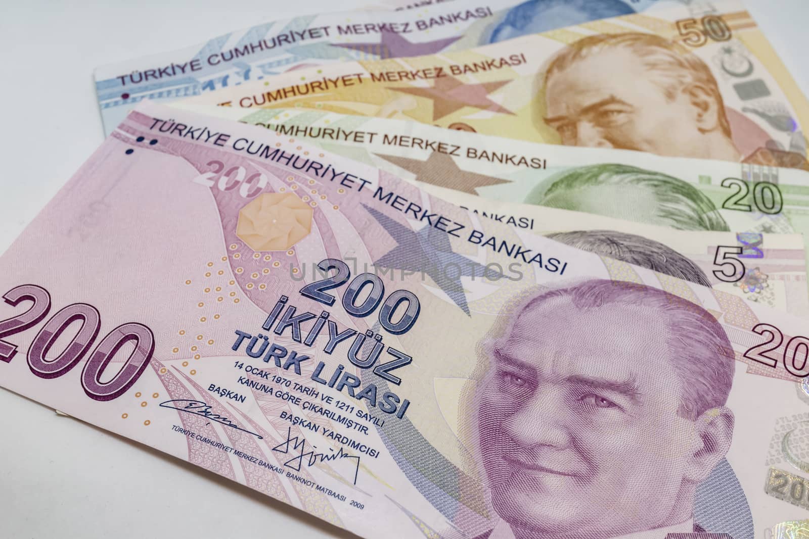 close up turkish lira banknotes on background