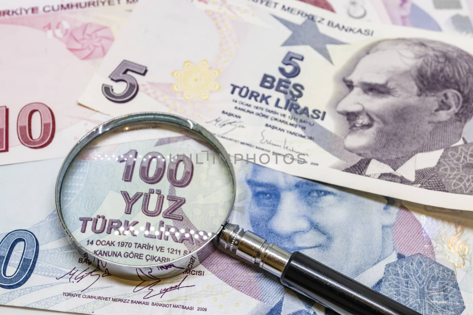 close up turkish lira banknotes on background