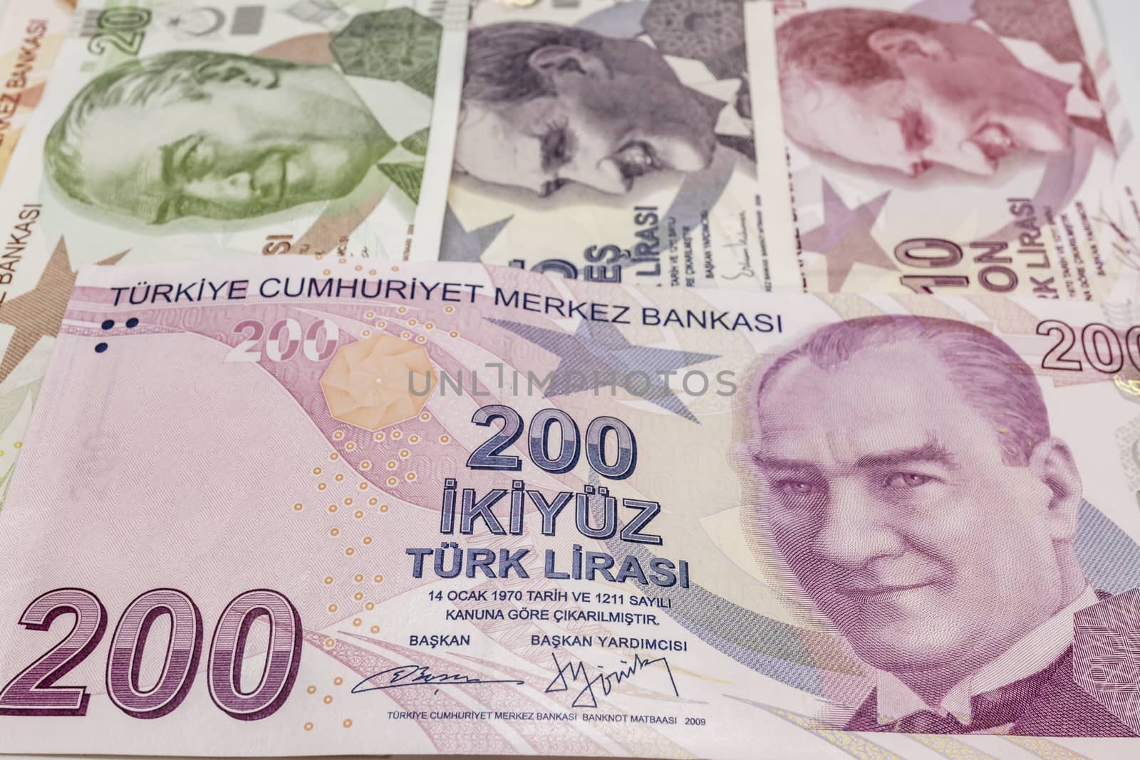 close up turkish lira banknotes on background