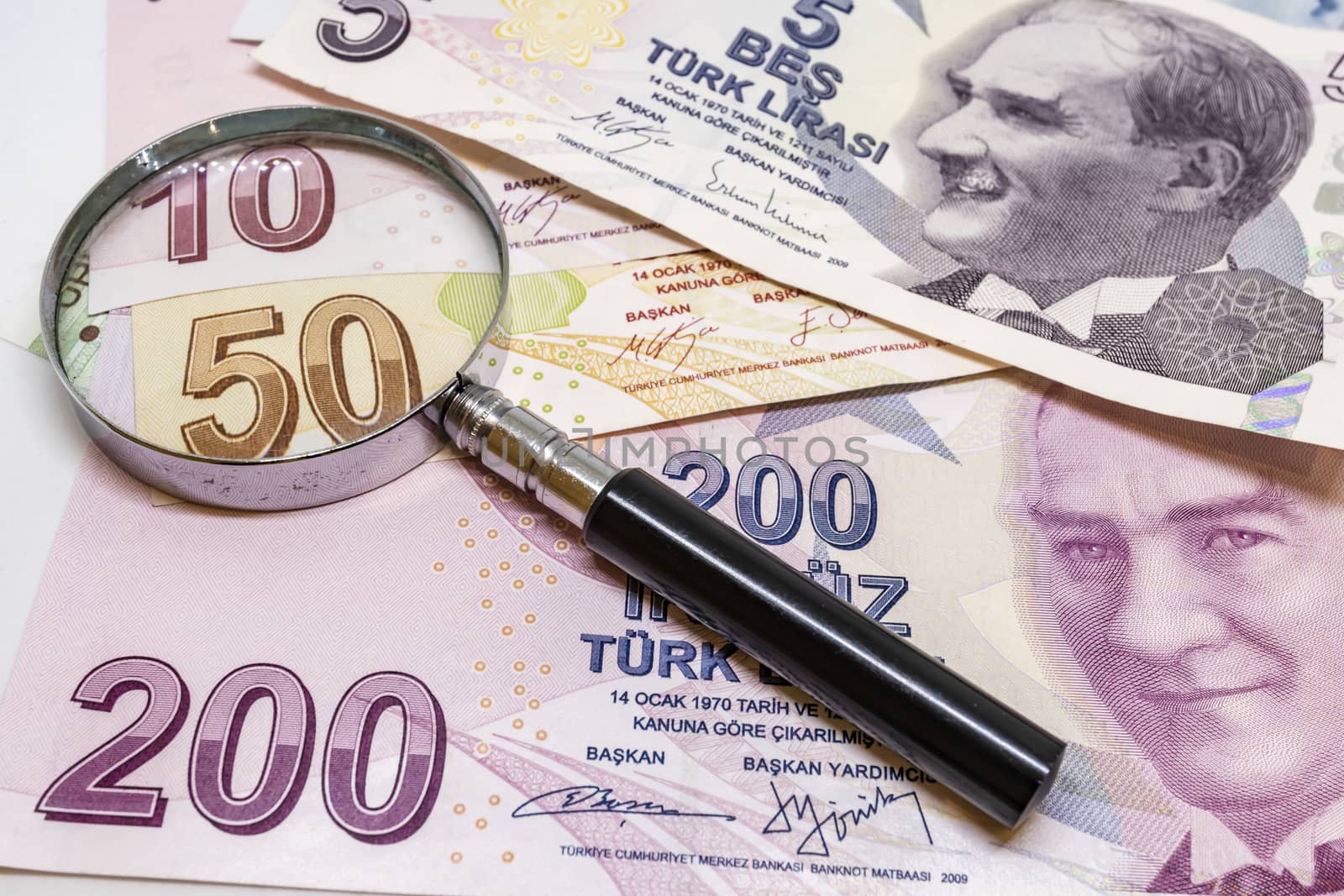 close up turkish lira banknotes on background