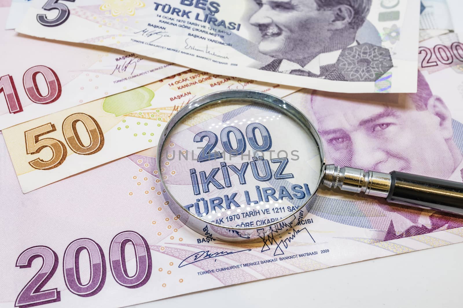 close up turkish lira banknotes on background