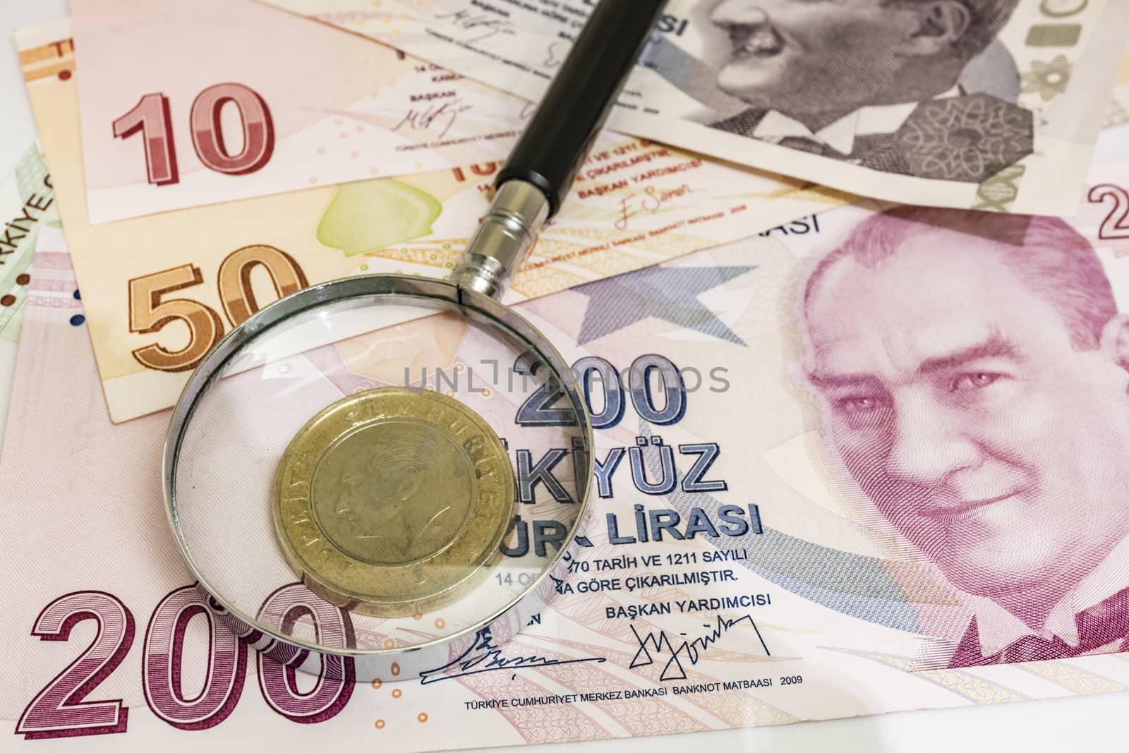 close up turkish lira banknotes on background