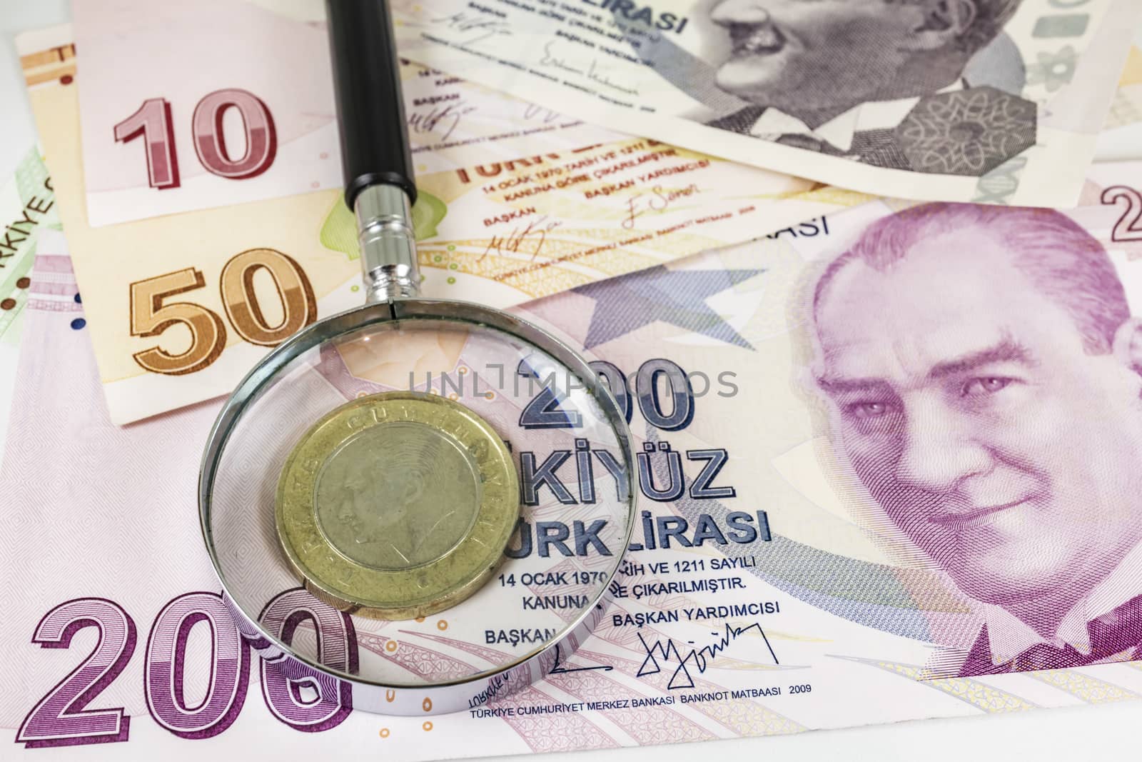 close up turkish lira banknotes on background