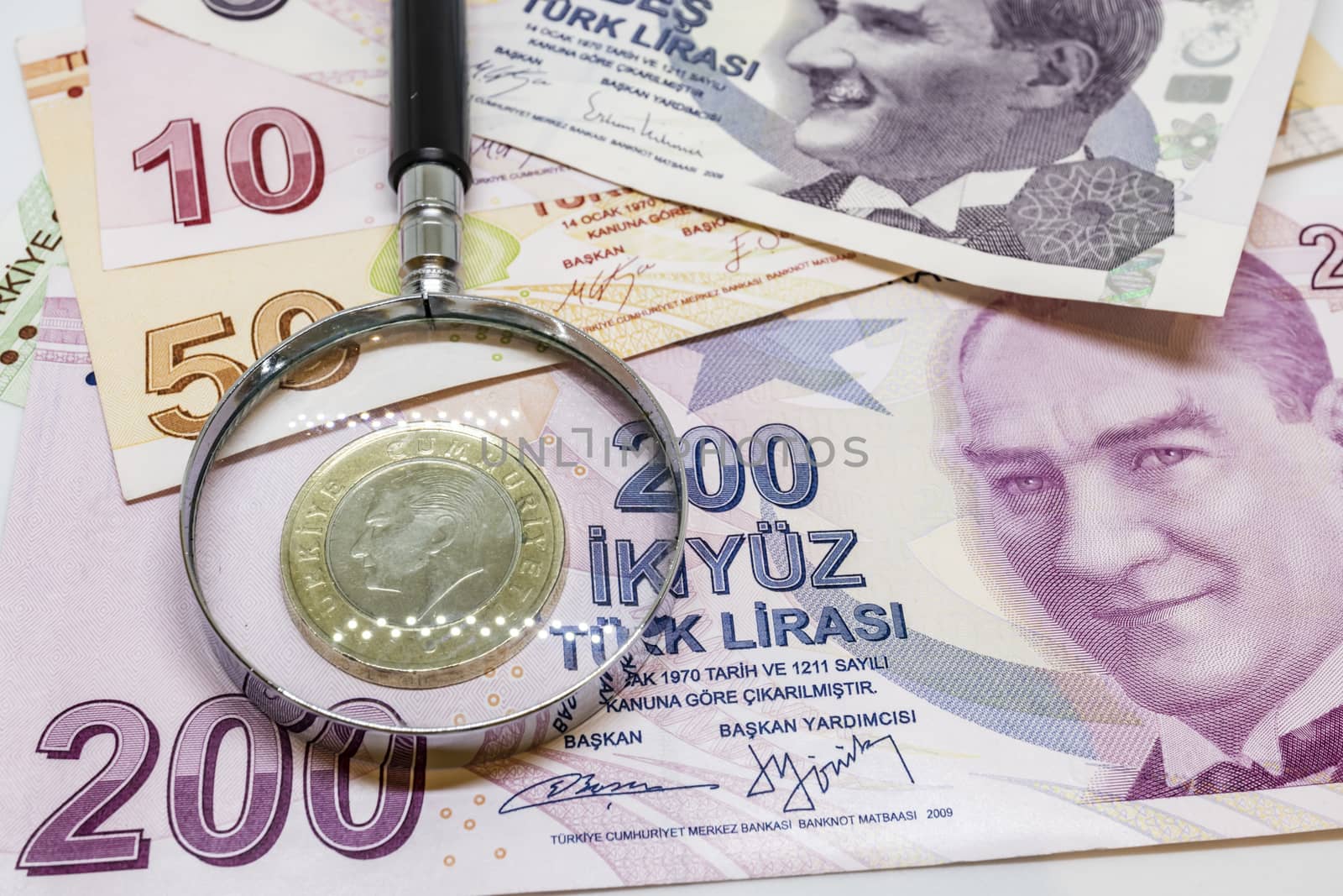 close up turkish lira banknotes on background