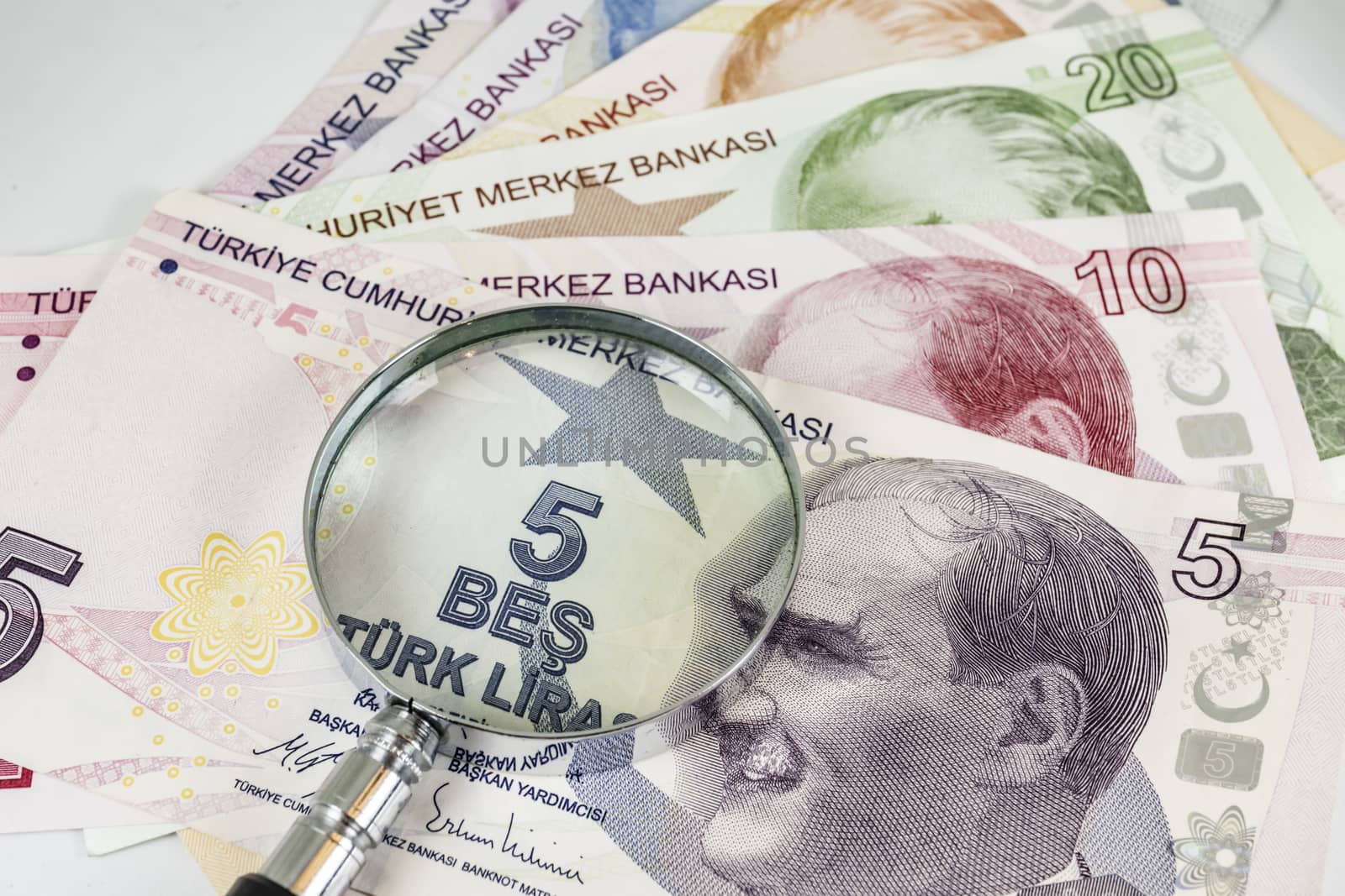close up turkish lira banknotes on background