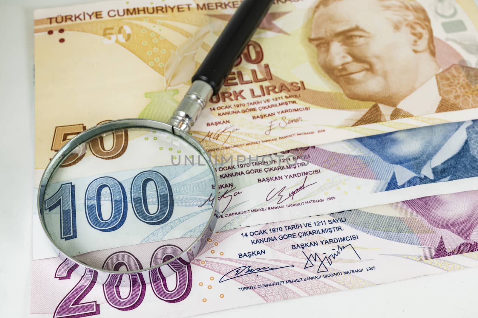 close up turkish lira banknotes on background